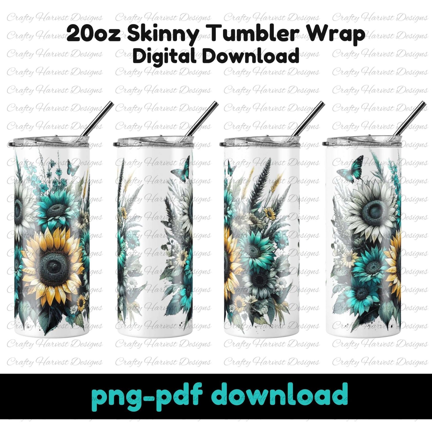 Teal and gold sunflower tumbler wrap featuring a vibrant floral design with butterflies. Digital download for 20oz skinny tumblers, available in PNG and PDF formats. shown on tumbler mockup at all angles.
