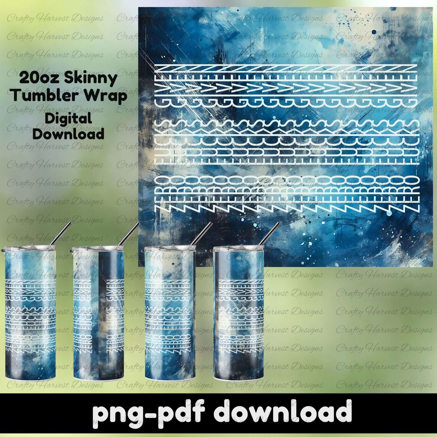 Blue grunge 20oz skinny tumbler wrap with a hidden “Zero F*cks Given” message embedded in layered white line patterns. Includes full wrap preview and four tumbler mockups showing the message revealed from different angles. PNG and PDF digital download.