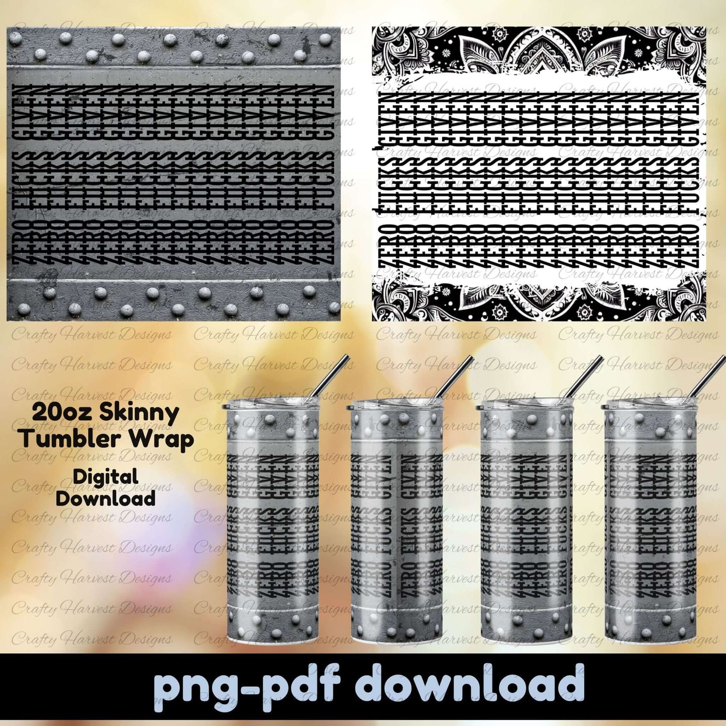 Two 20oz skinny tumbler wrap designs displayed – one with a riveted metal background, the other with a black paisley pattern. Preview shows hidden “Zero F*cks Given” message appearing when rotated. Includes PNG and PDF digital download formats.