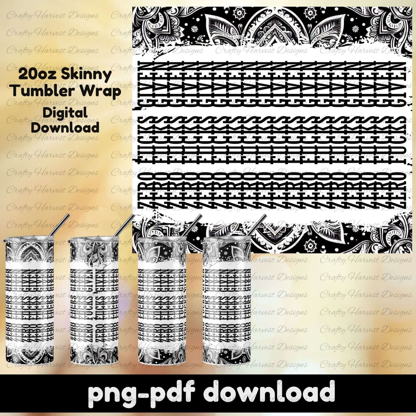 Black and white paisley-style 20oz skinny tumbler wrap with a hidden “Zero F*cks Given” message. Includes wrap preview and four tumbler mockups showing the design as it rotates. PNG and PDF digital download format.