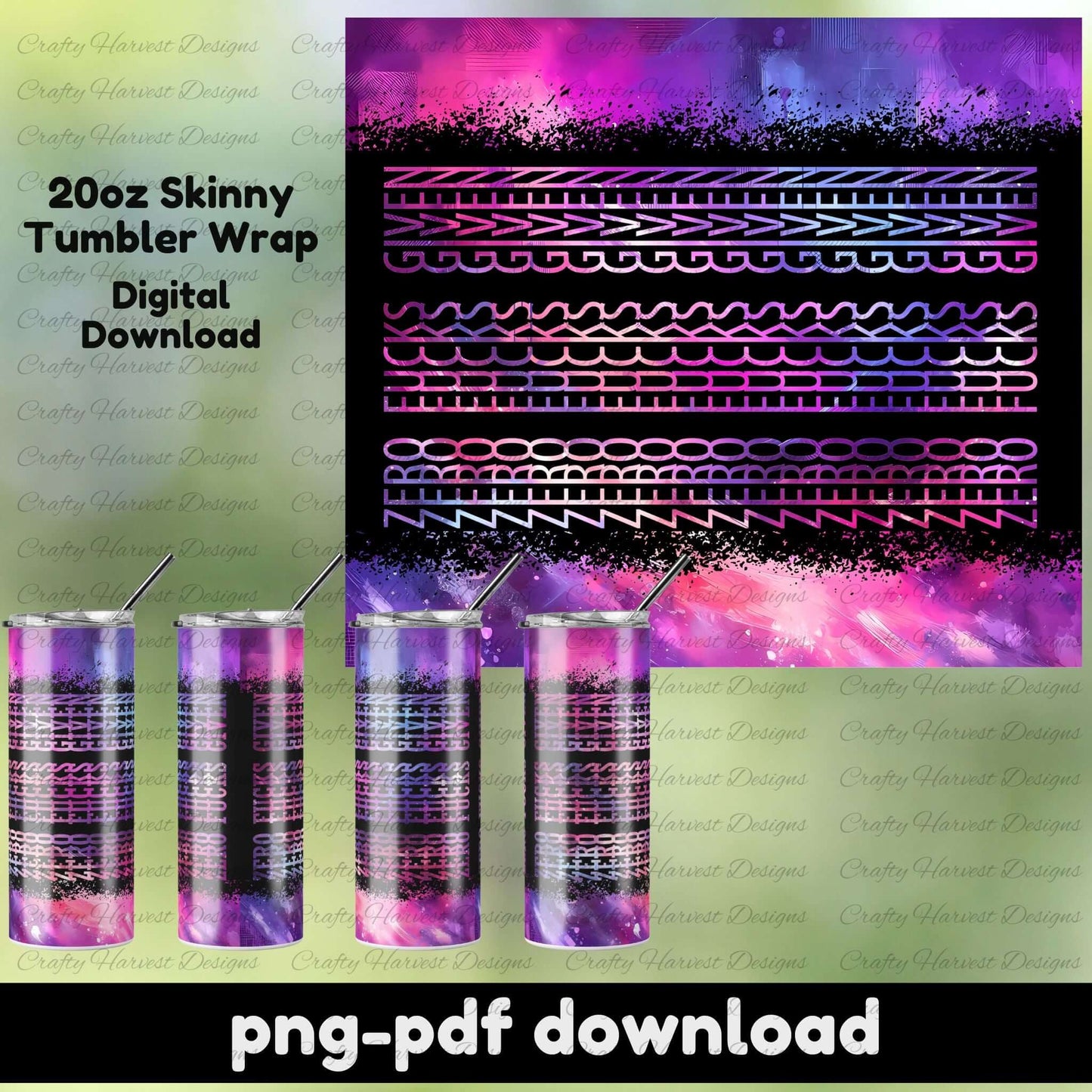 Pink and purple galaxy-style 20oz skinny tumbler wrap featuring a hidden “Zero F*cks Given” message in layered line patterns. Includes a full wrap design and four tumbler mockups showing the message as it appears from different angles. PNG and PDF digital download.