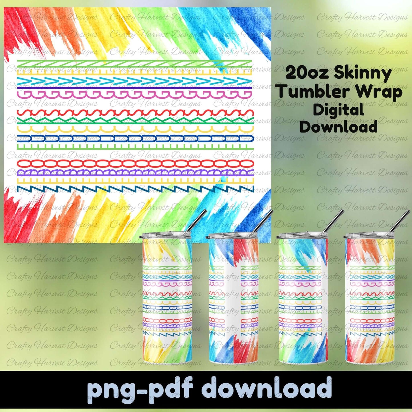 Rainbow watercolor 20oz skinny tumbler wrap featuring a hidden “Zero F*cks Given” message in colorful line patterns. Includes full wrap preview and four tumbler mockups showing the message from different angles. PNG and PDF digital download.
