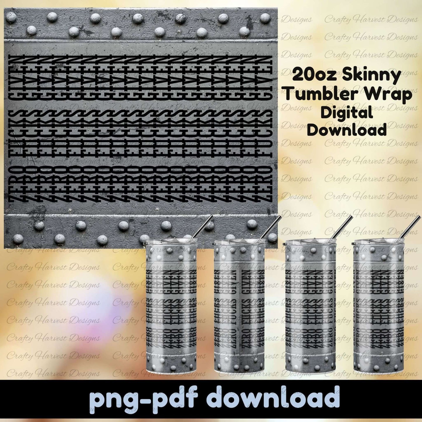 Grunge metal 20oz skinny tumbler wrap with rivets and a hidden “Zero F*cks Given” message in repeating black bands. Includes full wrap preview and four tumbler mockups showing the wrap from different angles. PNG and PDF digital download.
