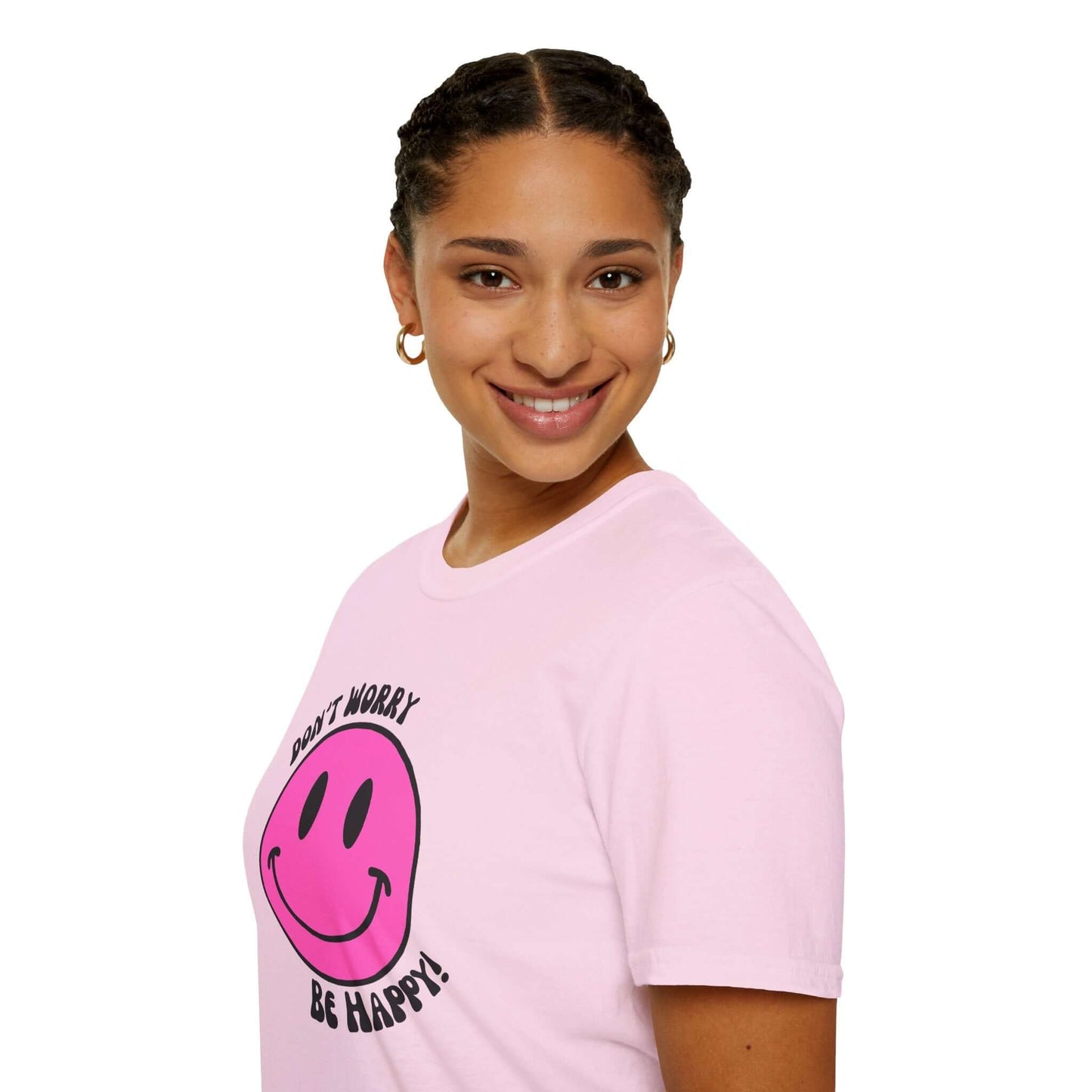 Don’t Worry, Be Happy! Pink Smiley Face Unisex Softstyle T-Shirt