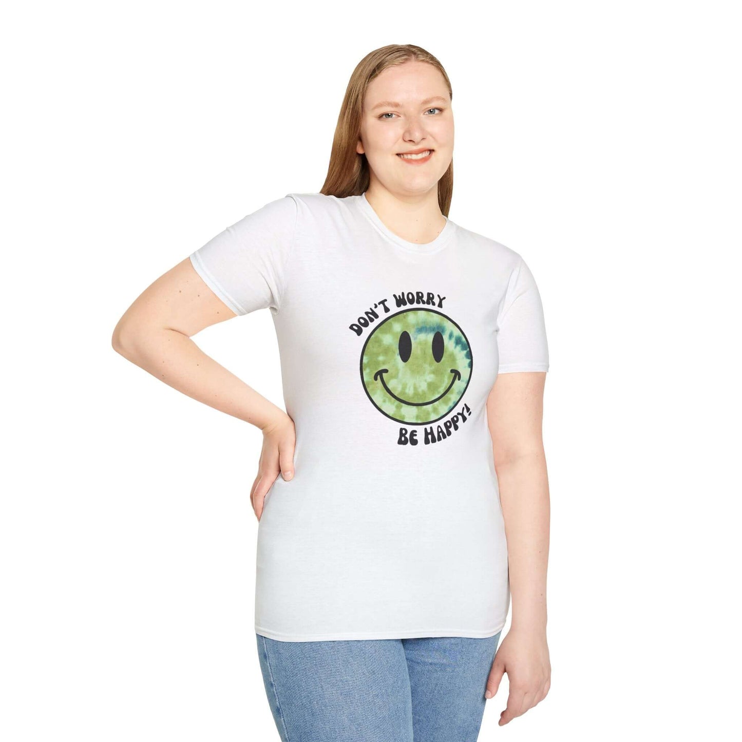 Don’t Worry, Be Happy! Green Tie-Dye Smiley Face Unisex Softstyle T-Shirt