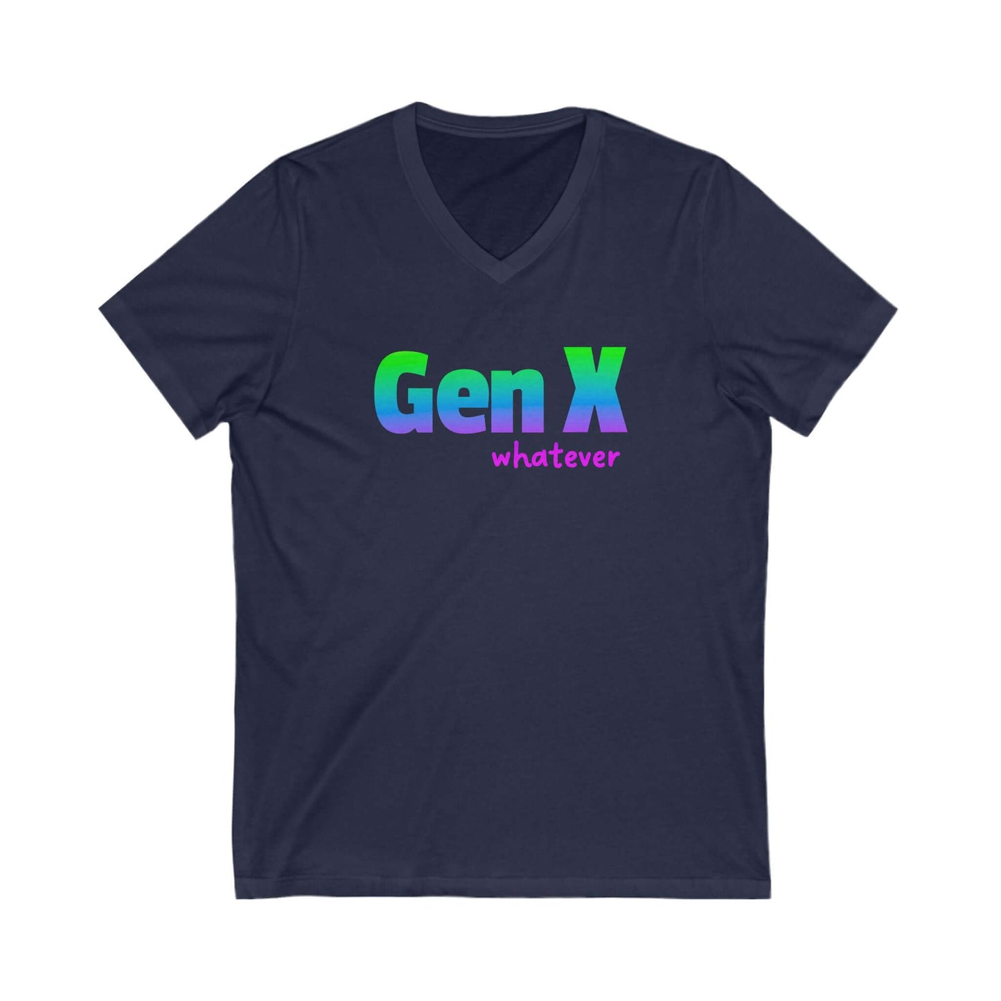 A navy v-neck t-shirt with the design Gen X whatever printed on it.