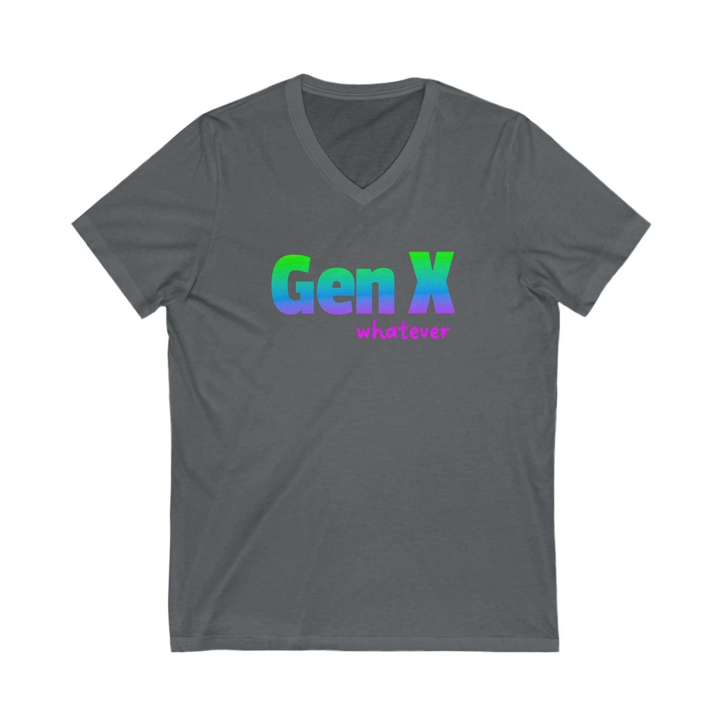 A grey v-neck t-shirt with the design Gen X whatever printed on it.