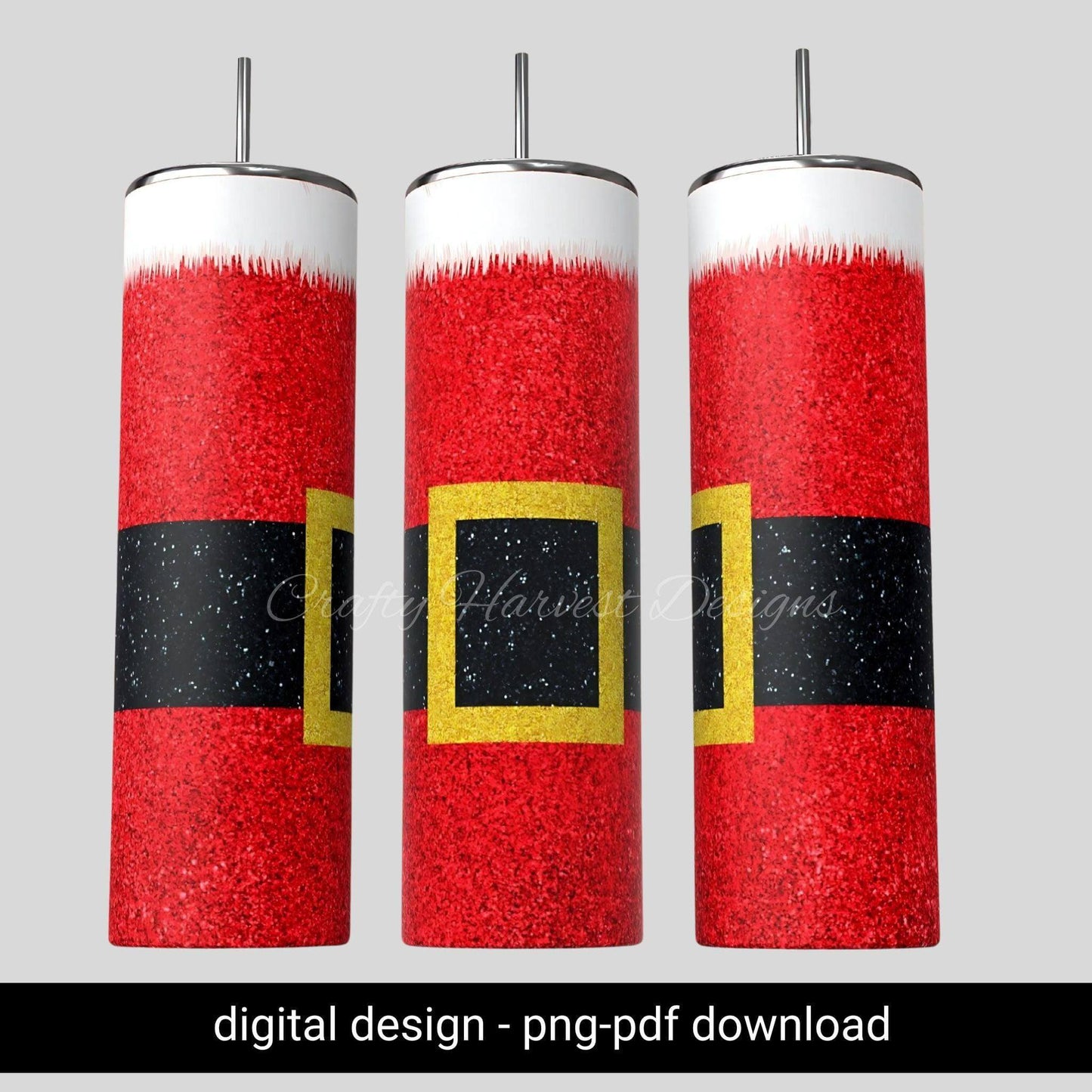 20oz Skinny Tumbler Wrap | Glittering Santa Belt Christmas PNG - Crafty Harvest Designs