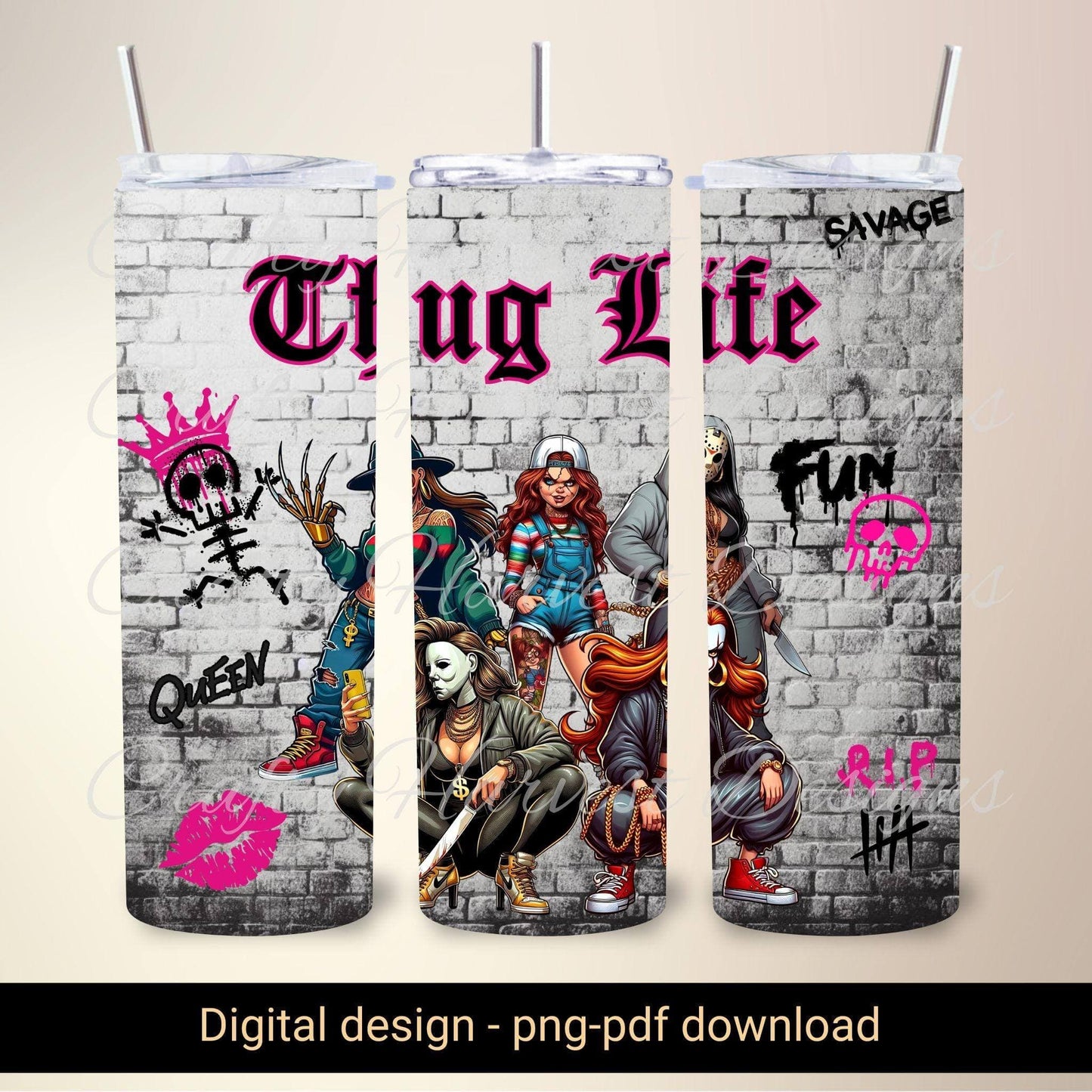 20oz Skinny Tumbler Wrap | Girl Thug Life Horror Movie Characters PNG - Crafty Harvest Designs