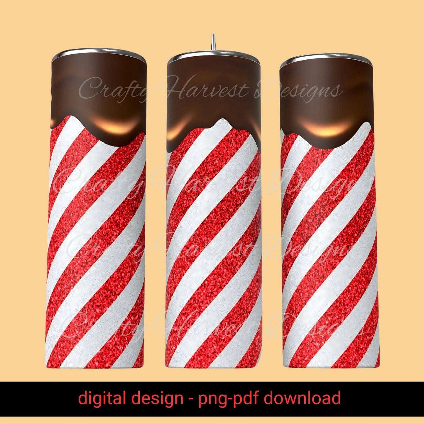 20oz Skinny Tumbler Wrap | Chocolate Drip & Candy Cane Stripes PNG - Crafty Harvest Designs
