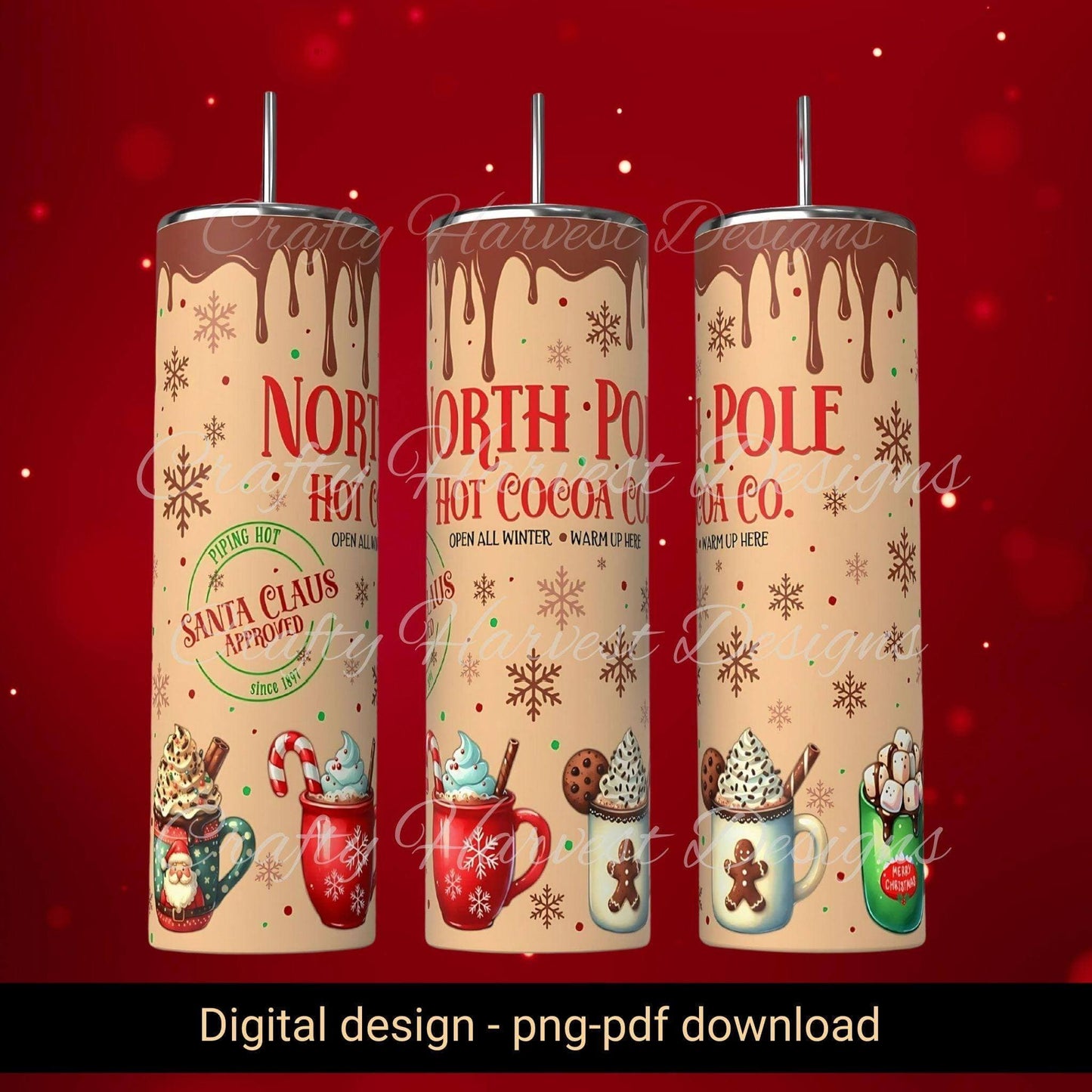 20oz Skinny Tumbler Wrap | North Pole Hot Cocoa Company Christmas PNG - Crafty Harvest Designs