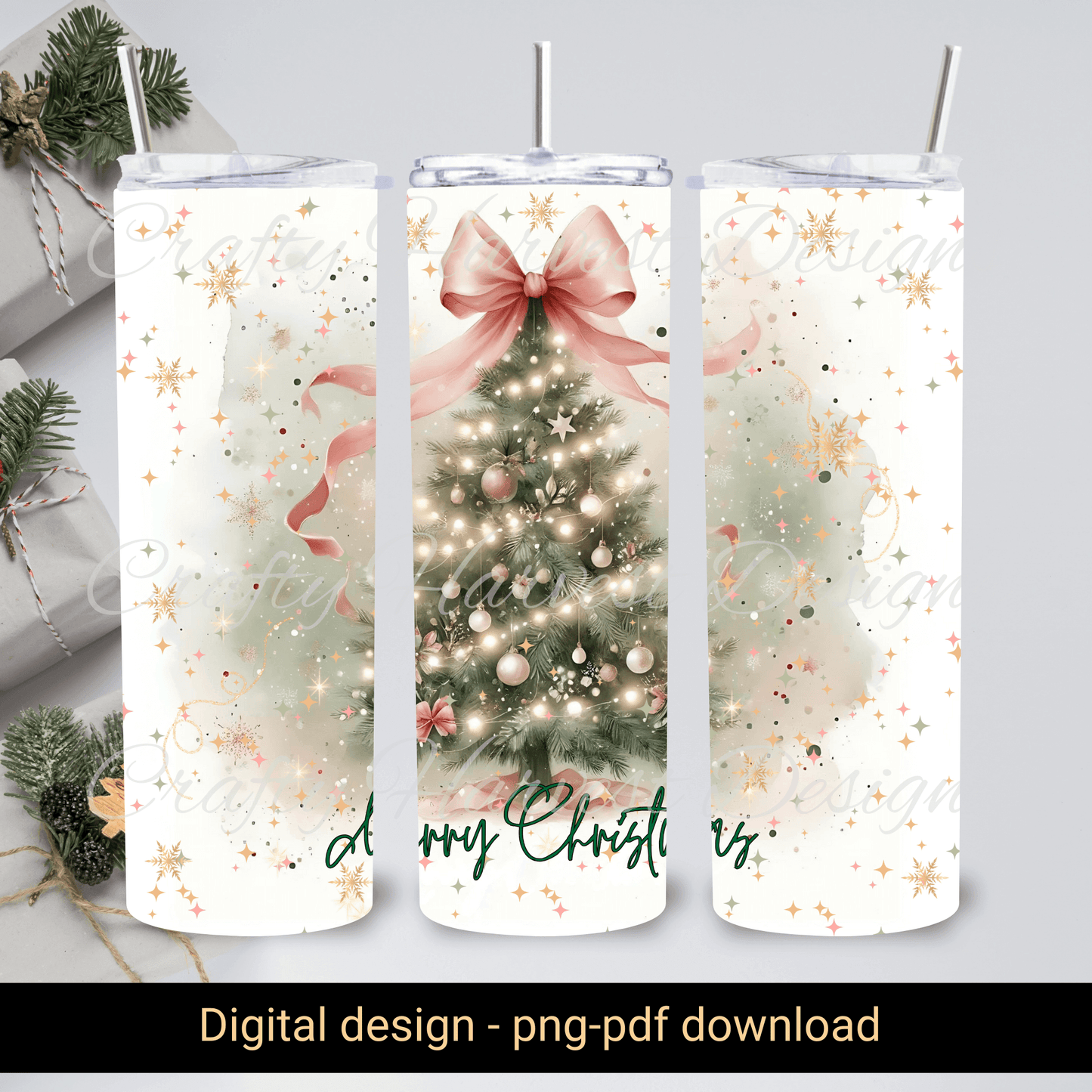 20oz Skinny Tumbler Wrap | Merry Christmas Watercolor Tree PNG - Crafty Harvest Designs