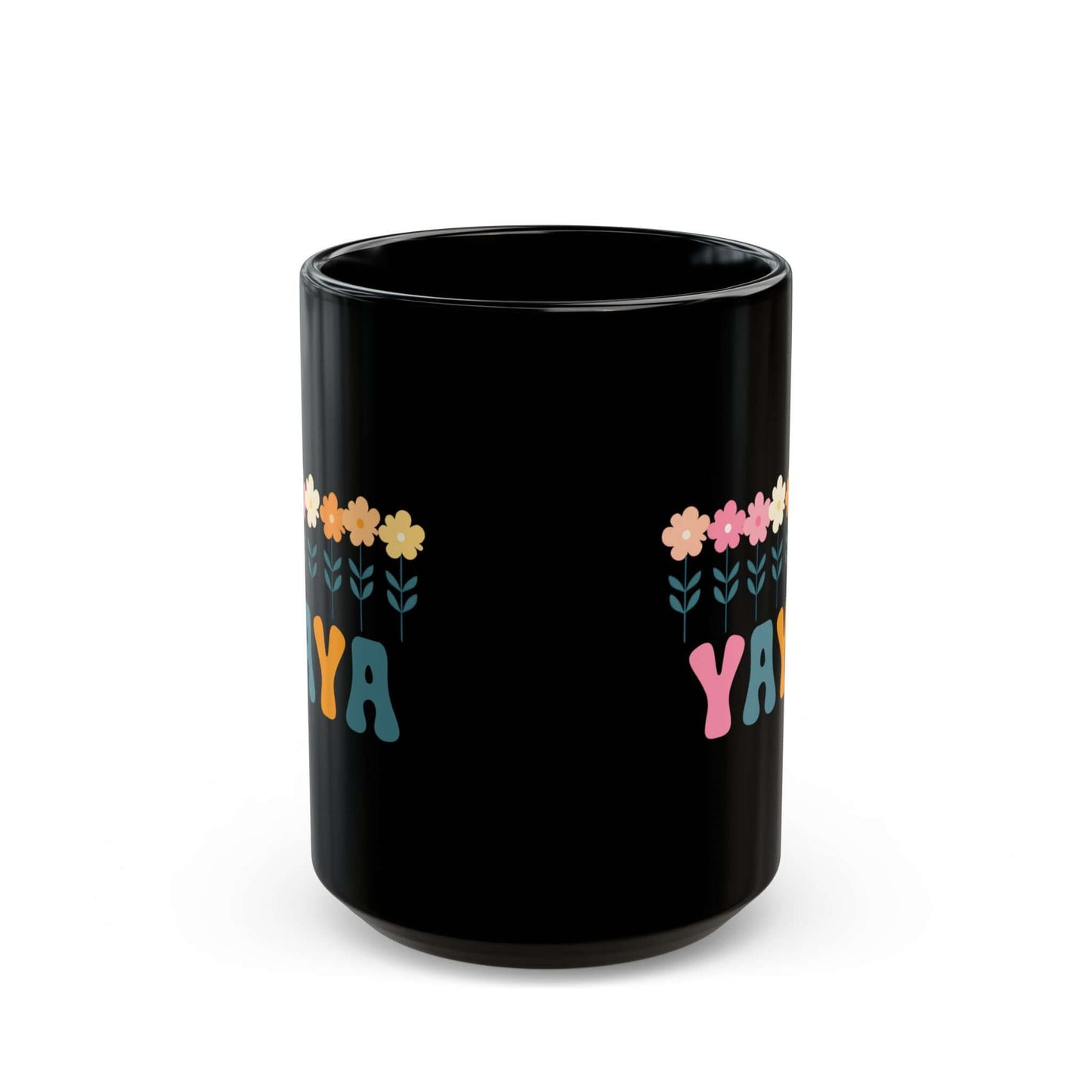 Floral Yaya Black Ceramic Mug (11oz, 15oz) | Retro Yaya Coffee Cup