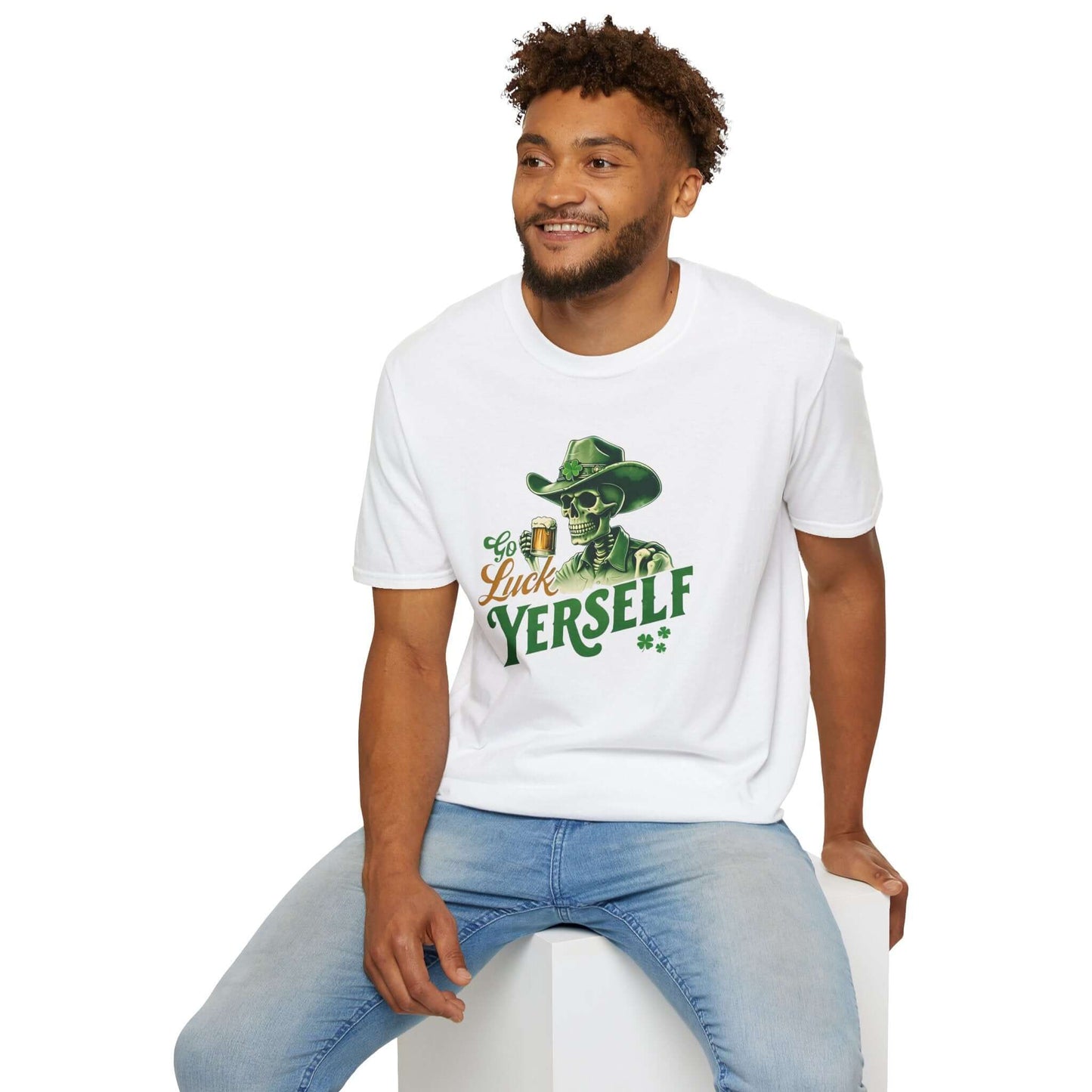 Go Luck Yerself Unisex Softstyle T-Shirt | St. Patrick’s Day Skeleton Cowboy Tee