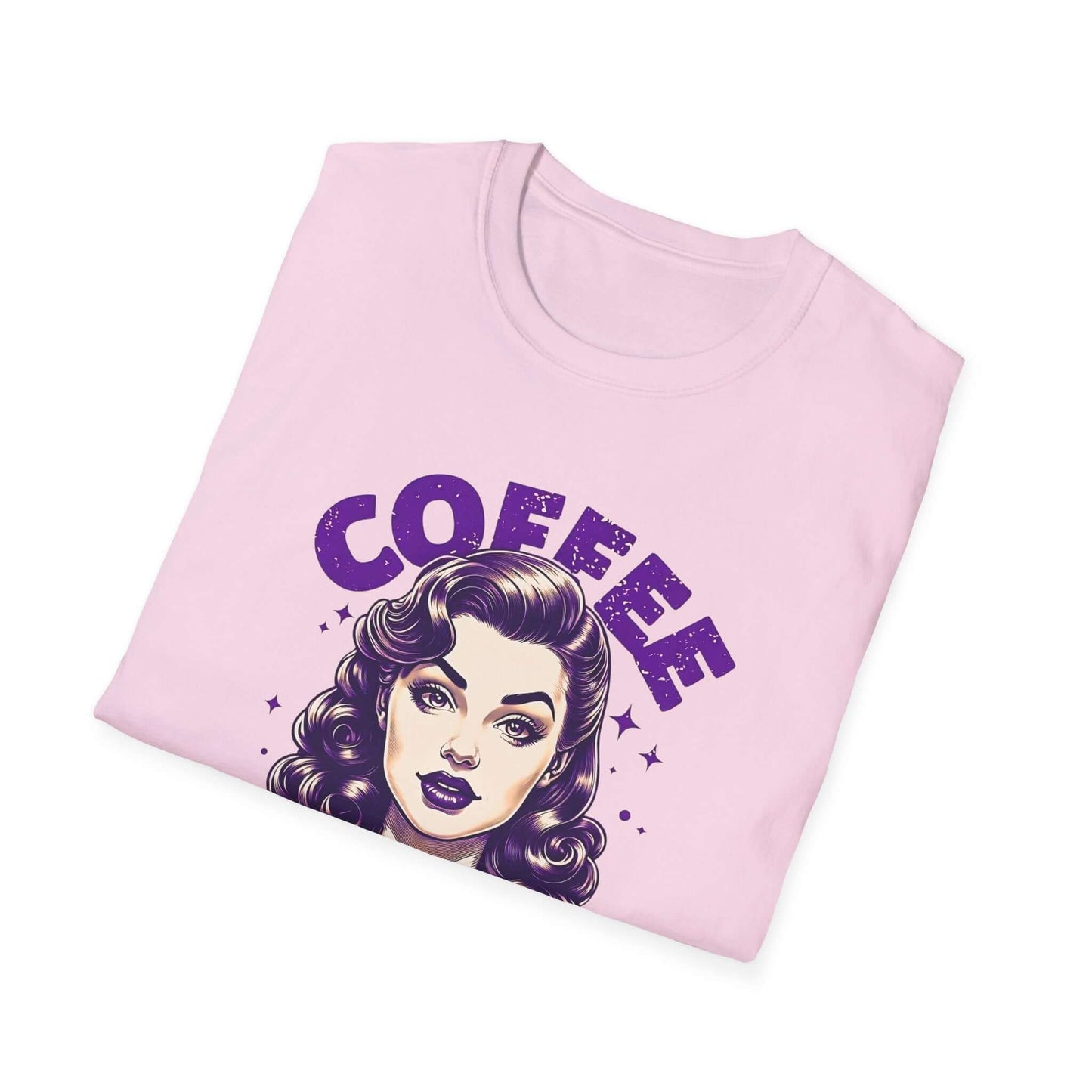 Folded pink unisex t-shirt with a retro ‘Coffee - Because Murder Is Wrong’ design in purple, featuring a vintage-style woman holding a coffee cup.