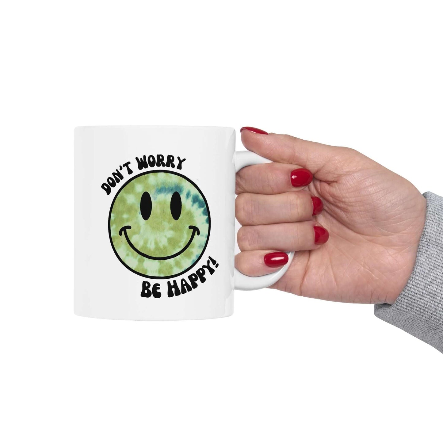 Don’t Worry, Be Happy! Green Tie-Dye Smiley Face Ceramic Mug, (11oz, 15oz)