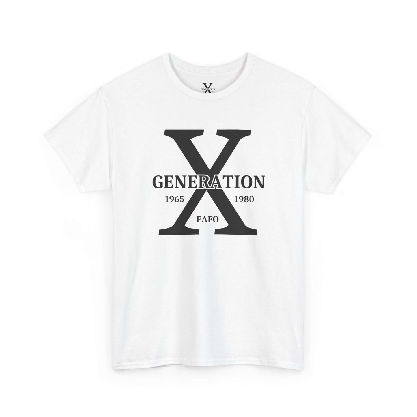 A white t-shirt with a large white “X” on the front, representing Generation X. The inside collar features a printed label with the same “Generation X” design, size details, and care instructions.