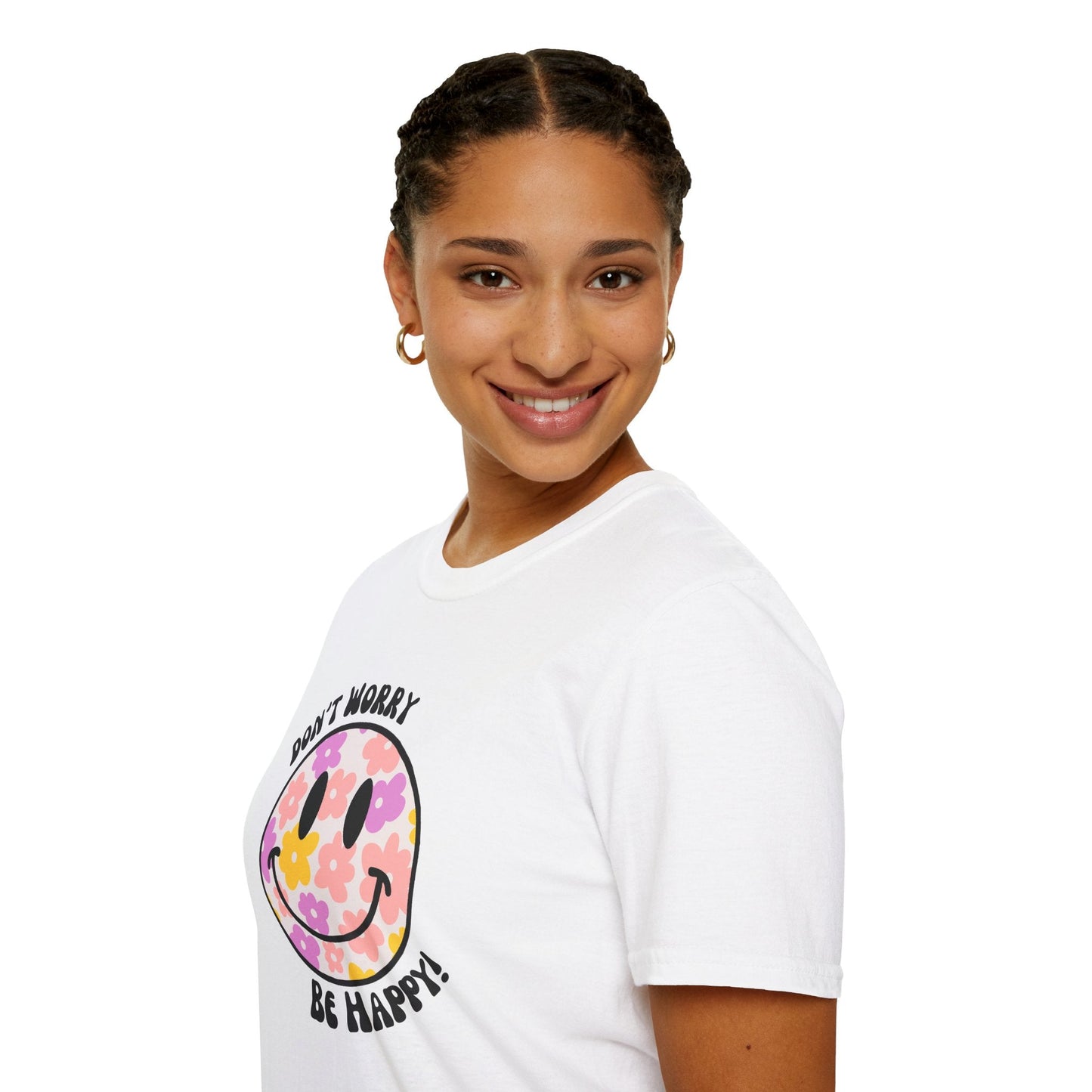 Don’t Worry, Be Happy! Floral Daisy Smiley Face Unisex Softstyle T-Shirt