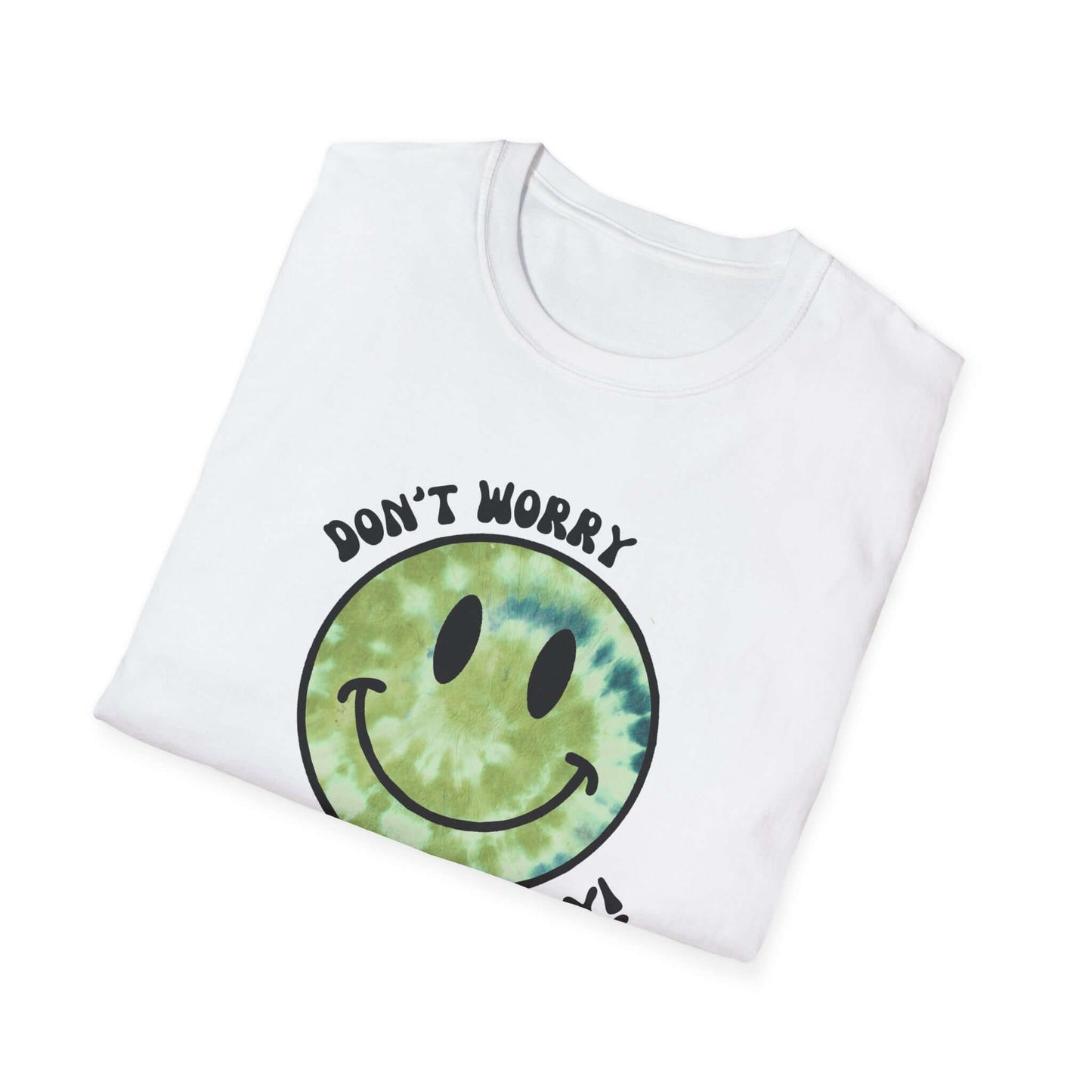 Don’t Worry, Be Happy! Green Tie-Dye Smiley Face Unisex Softstyle T-Shirt