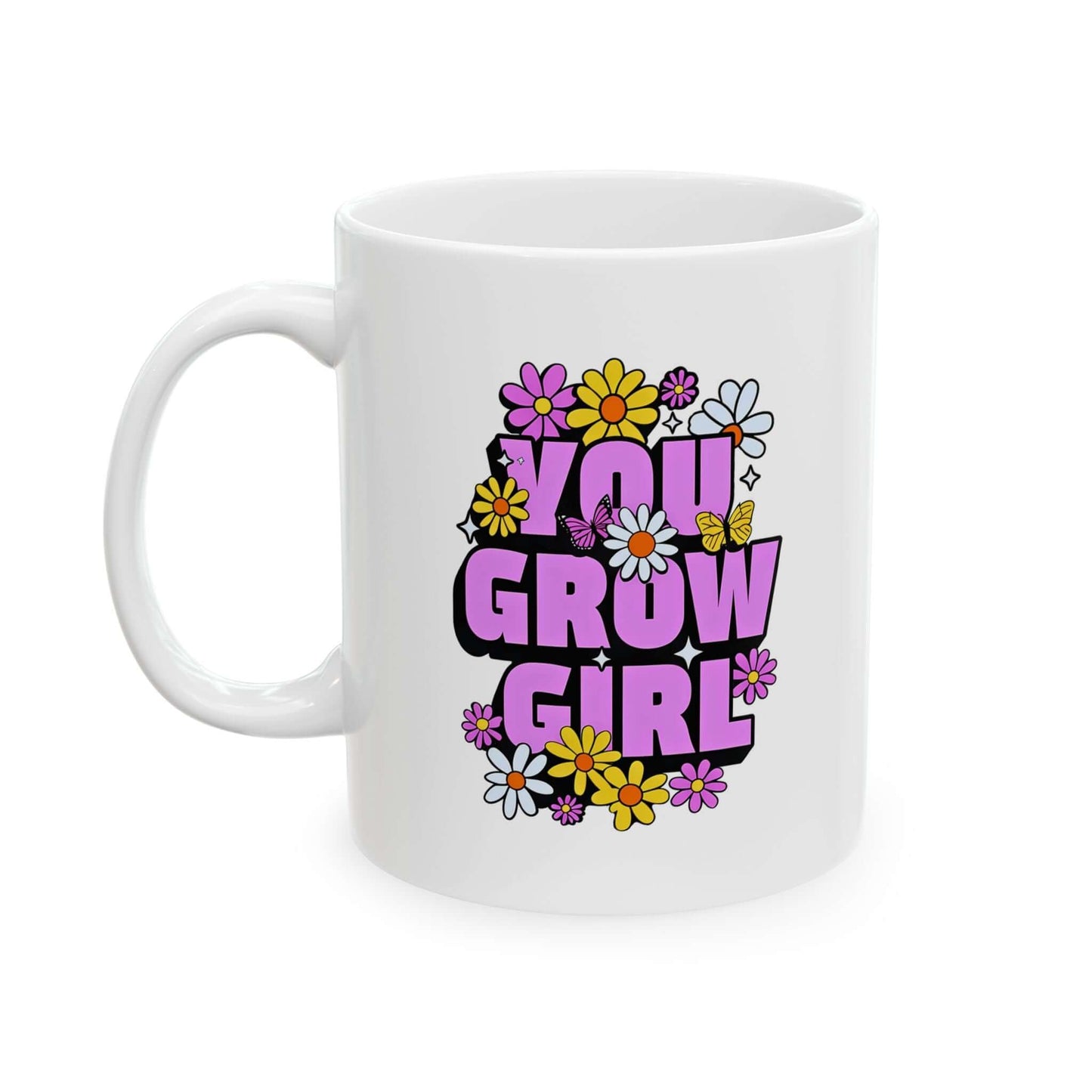 white ceramic mug featuring the text ‘YOU GROW GIRL’ in bold purple letters surrounded by colorful