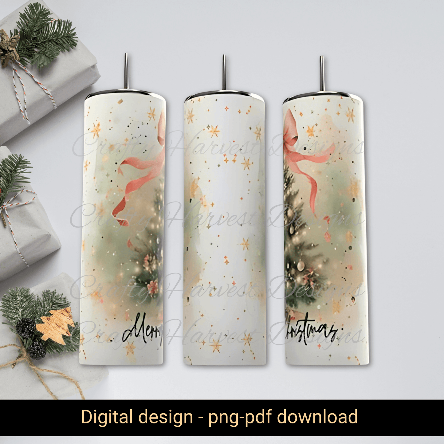20oz Skinny Tumbler Wrap | Merry Christmas Watercolor Tree PNG - Crafty Harvest Designs