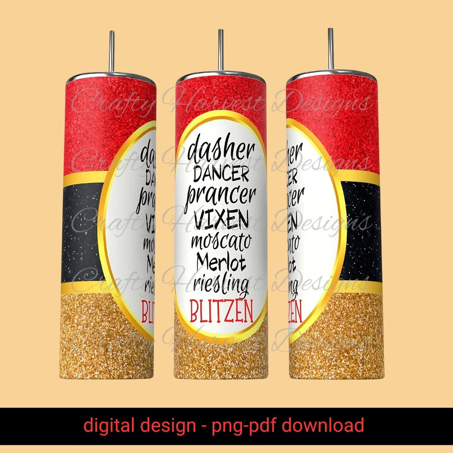 20oz Skinny Tumbler Wrap | Christmas Wine & Reindeer Names PNG - Crafty Harvest Designs