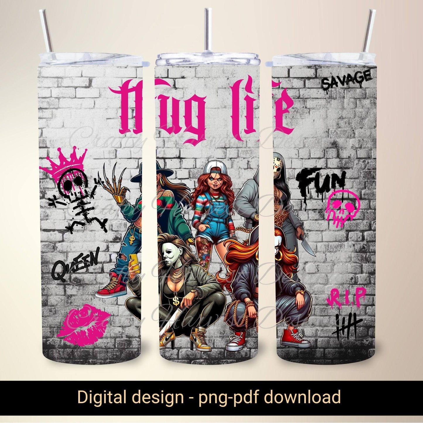 20oz Skinny Tumbler Wrap | Girl Thug Life Horror Movie Characters PNG - Crafty Harvest Designs