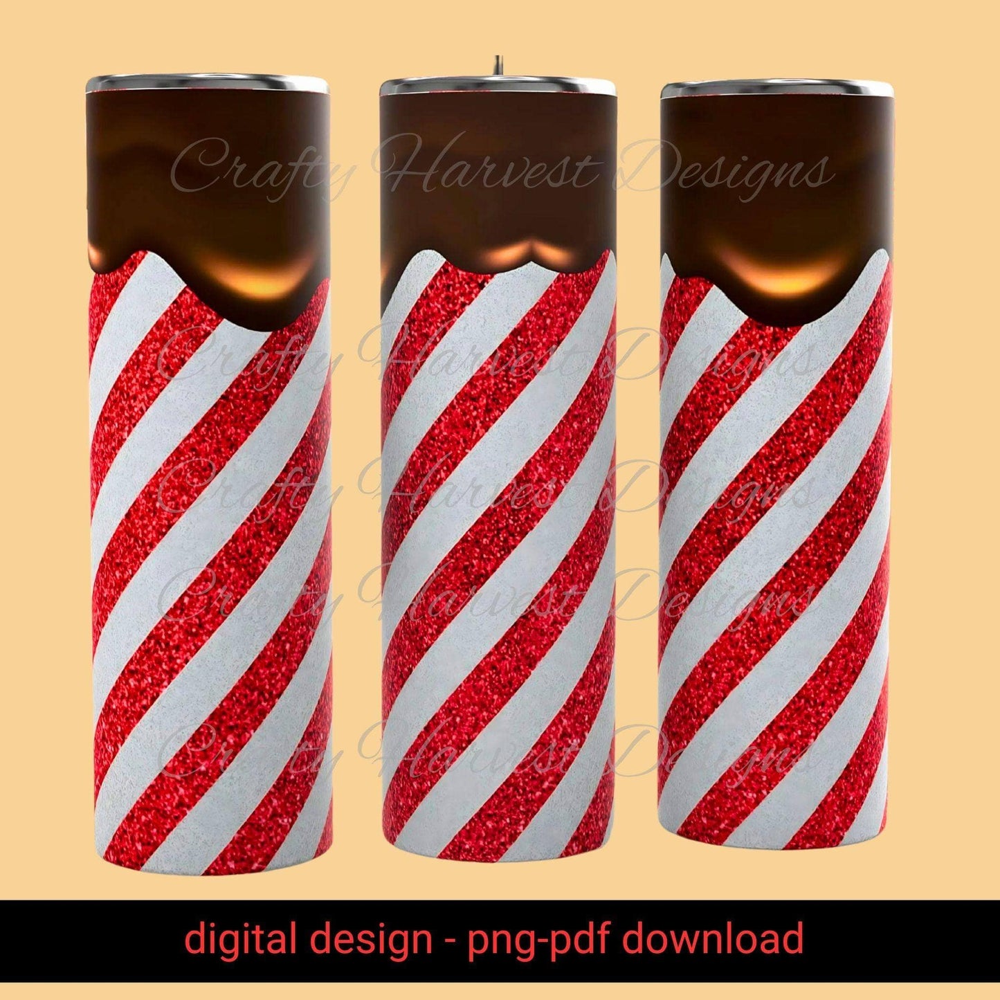20oz Skinny Tumbler Wrap | Chocolate Drip & Candy Cane Stripes PNG - Crafty Harvest Designs