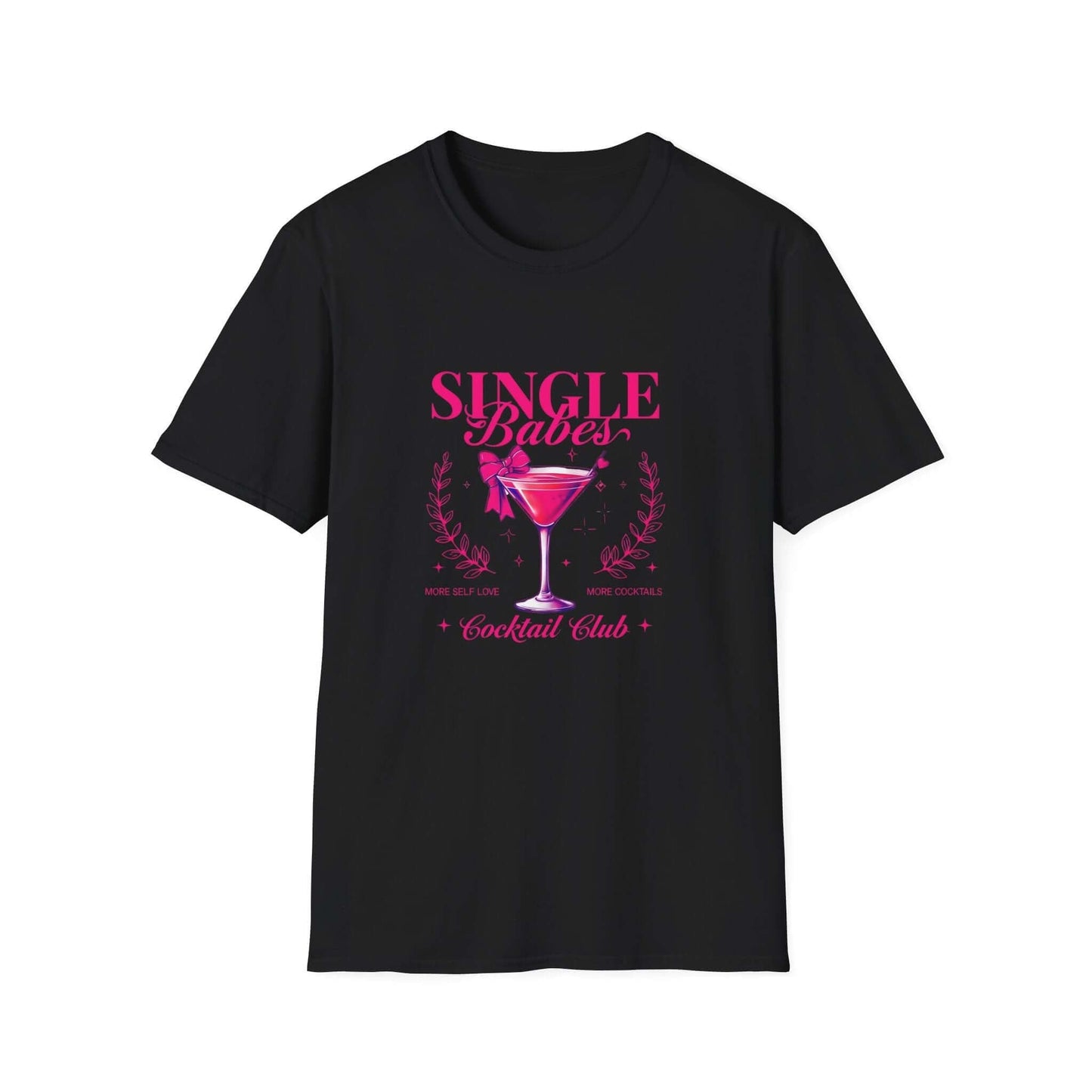 Black t-shirt featuring the ‘Single Babes Cocktail Club’ design with a pink cocktail glass, floral accents, and elegant script text.