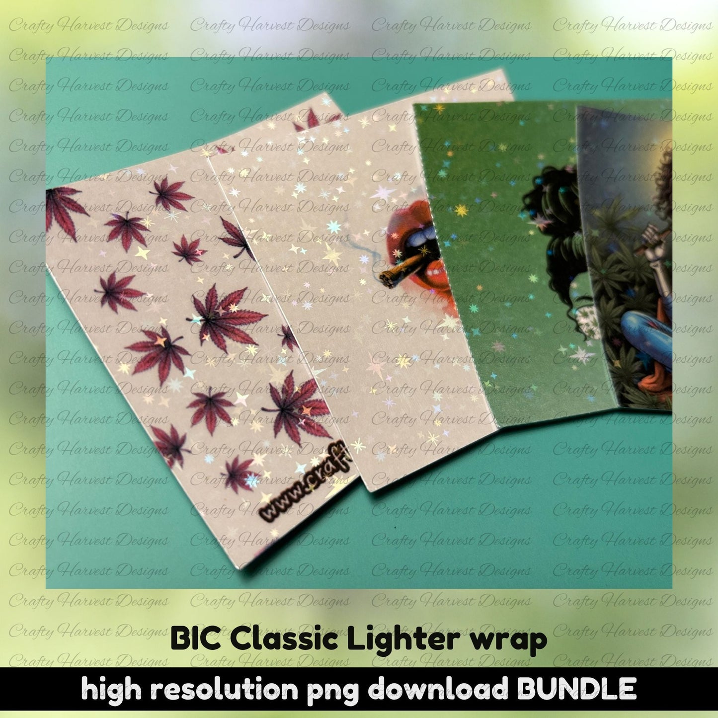 Close-up mockup of printed lighter wraps from the 420 themed BIC Classic bundle, featuring holographic laminate finishes. Designs include red cannabis leaves, a bold lips graphic, green tie-dye elements, and a skull with plants. Green gradient background with bold text: ‘BIC Classic Lighter wrap’ and ‘high resolution PNG download BUNDLE’