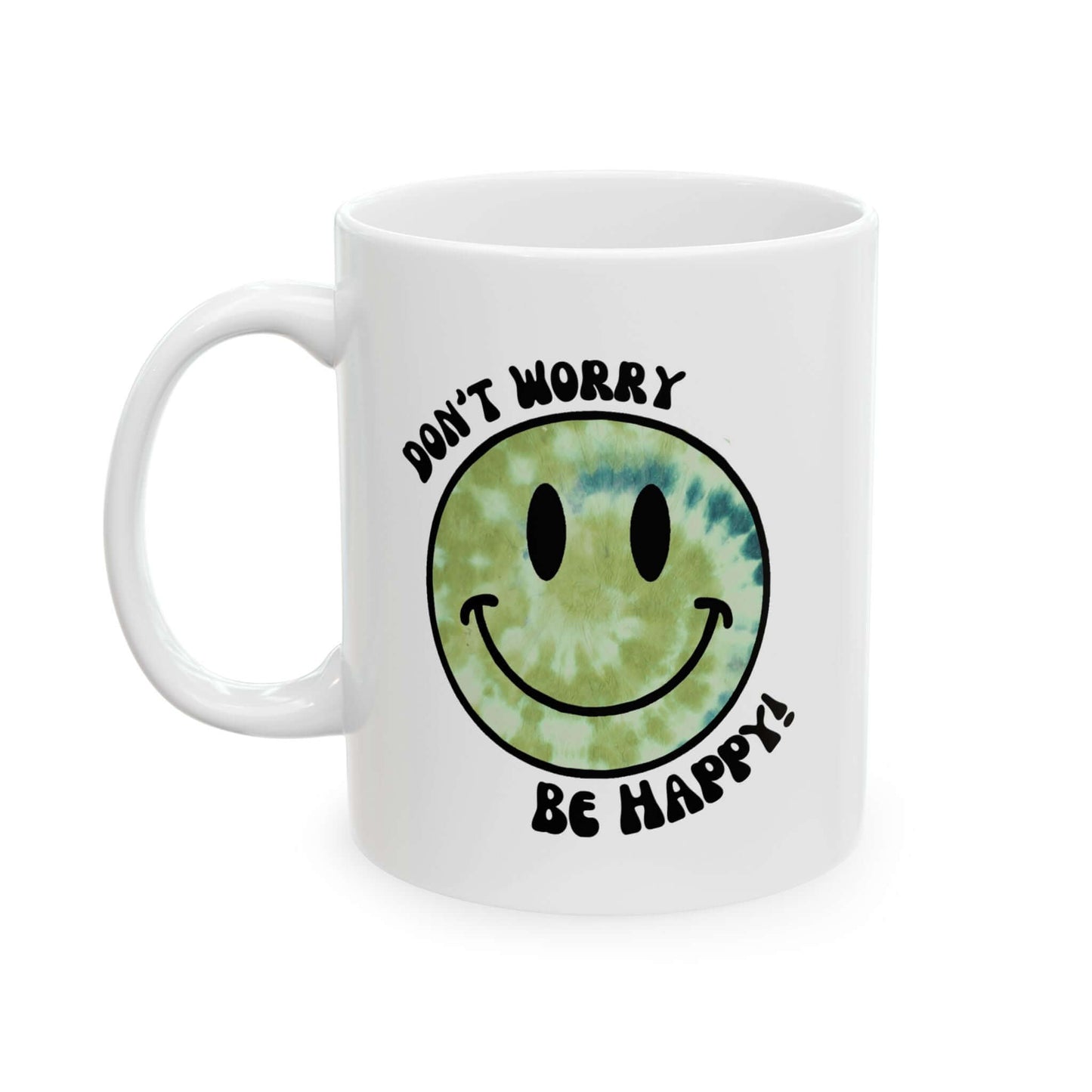 Don’t Worry, Be Happy! Green Tie-Dye Smiley Face Ceramic Mug, (11oz, 15oz)