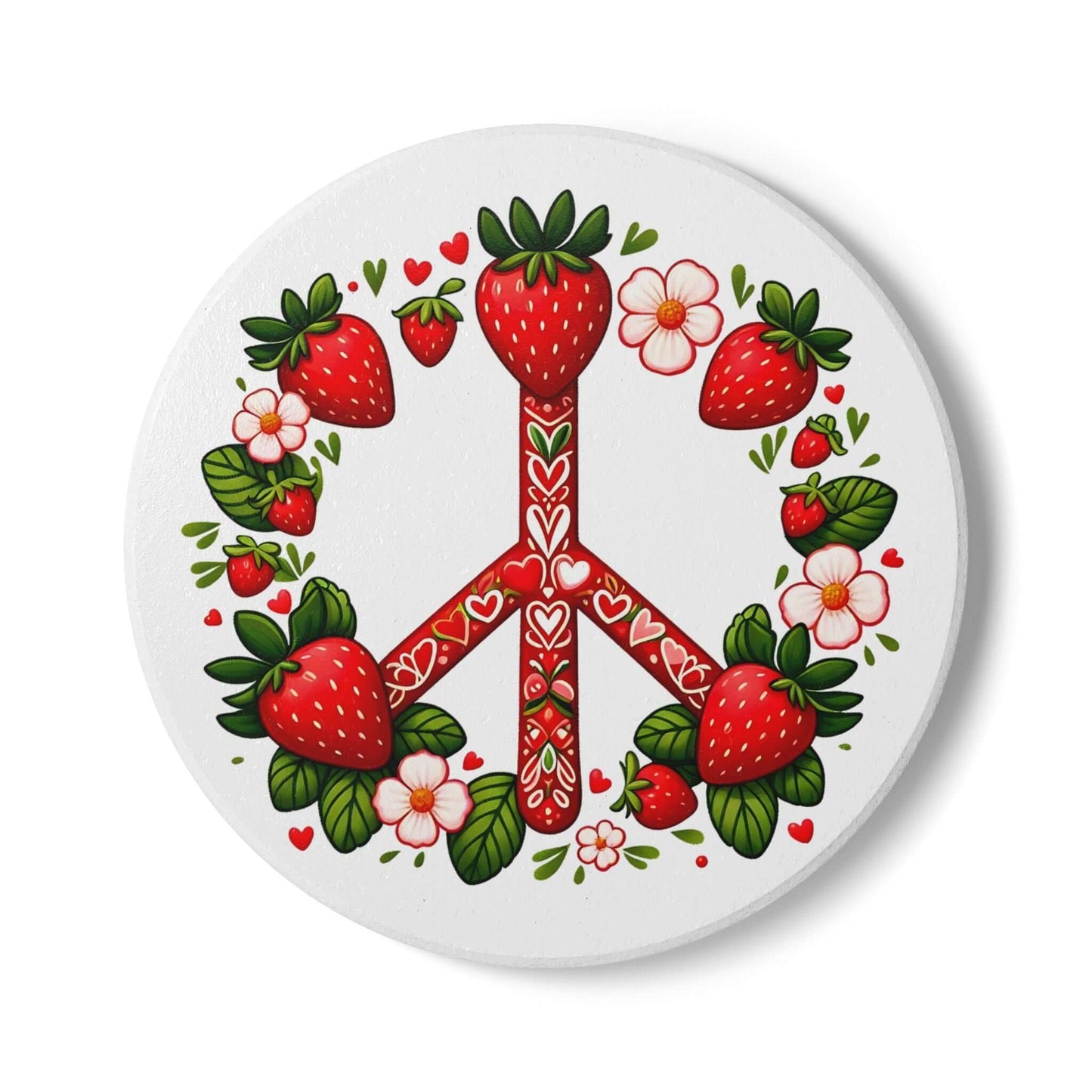 Peace Love Strawberries Ceramic Coaster | Round & Square Options