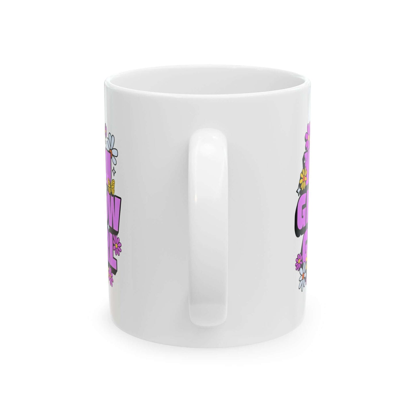 white ceramic mug featuring the text ‘YOU GROW GIRL’ in bold purple letters surrounded by colorful