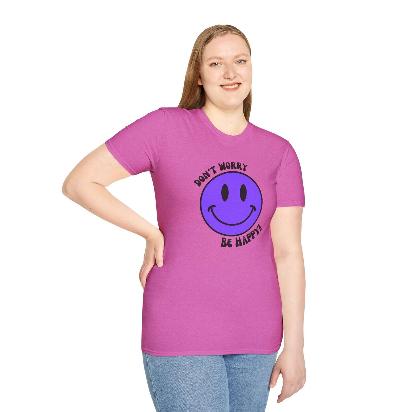 Don’t Worry, Be Happy! Purple Smiley Face Unisex Softstyle T-Shirt