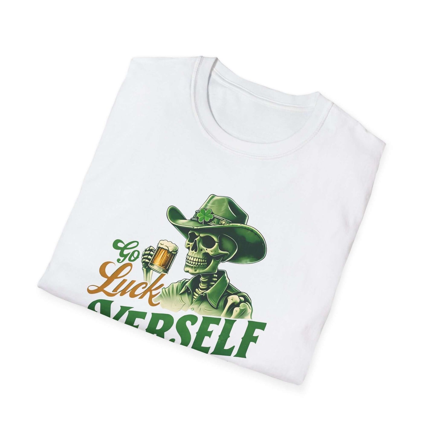 Go Luck Yerself Unisex Softstyle T-Shirt | St. Patrick’s Day Skeleton Cowboy Tee