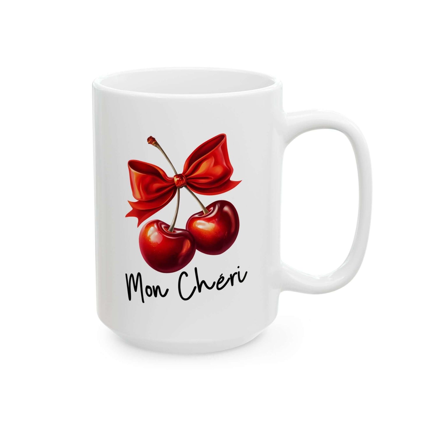white ceramic mug, featuring two red cherries with a red bow and the text ‘Mon Chéri