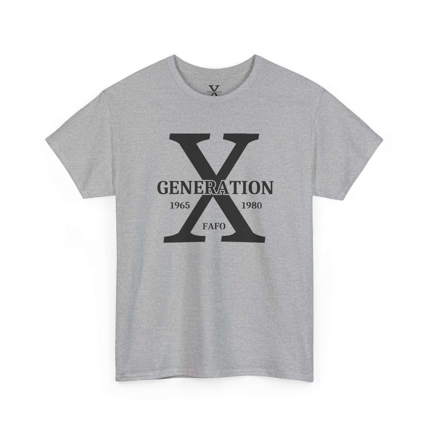 A grey t-shirt with a large white “X” on the front, representing Generation X. The inside collar features a printed label with the same “Generation X” design, size details, and care instructions.