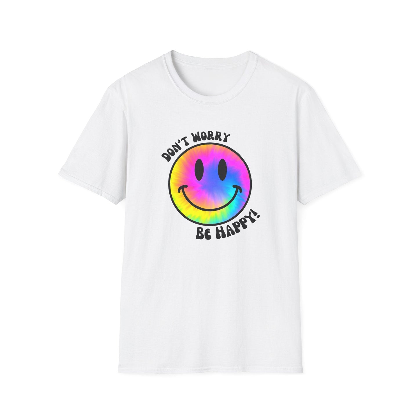 Don’t Worry, Be Happy! Rainbow Tie-Dye Smiley Face Unisex Softstyle T-Shirt