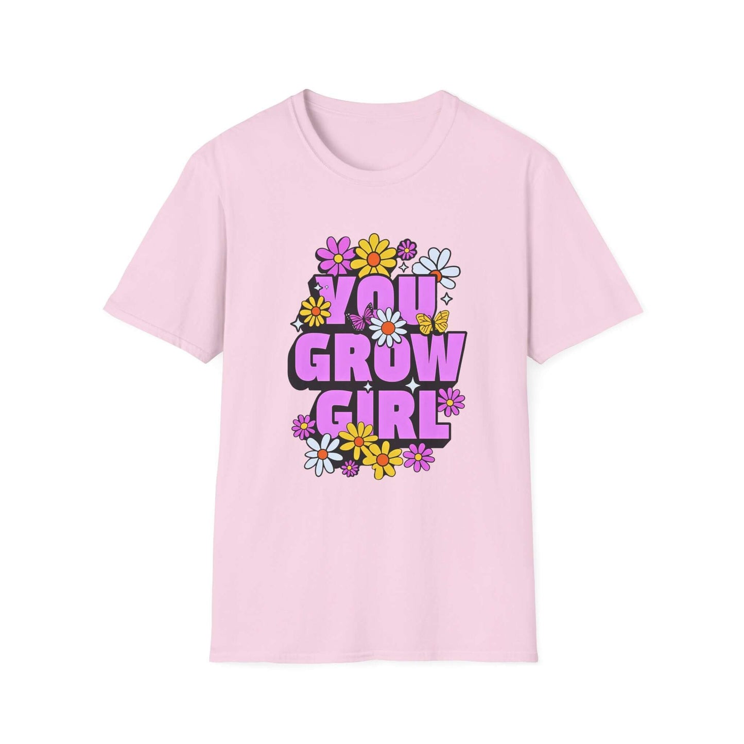 Light pink t-shirt displaying the phrase ‘YOU GROW GIRL’ in bold purple letters surrounded by colorful flowers.