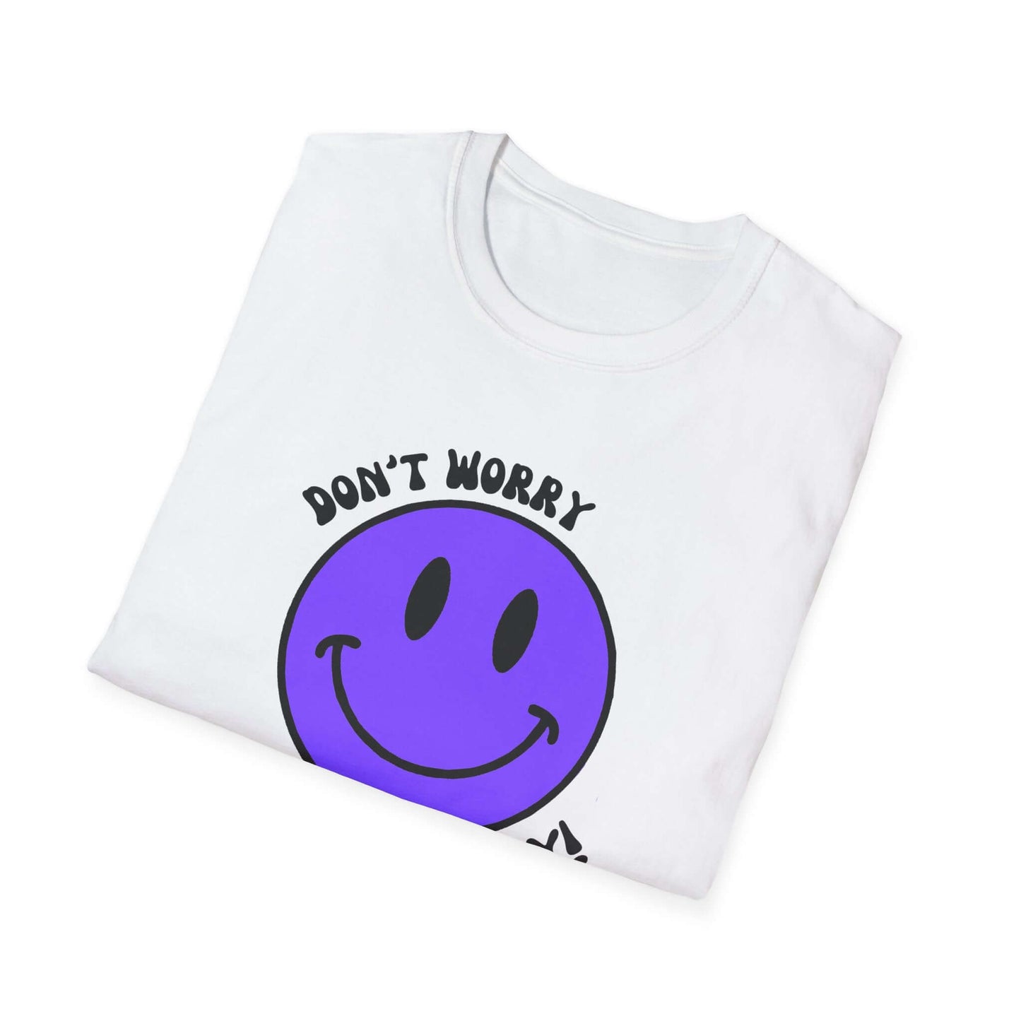 Don’t Worry, Be Happy! Purple Smiley Face Unisex Softstyle T-Shirt
