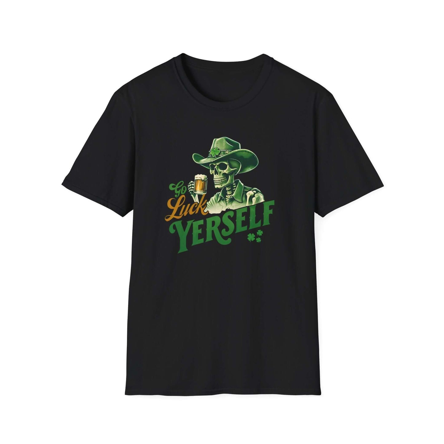 Go Luck Yerself Unisex Softstyle T-Shirt | St. Patrick’s Day Skeleton Cowboy Tee