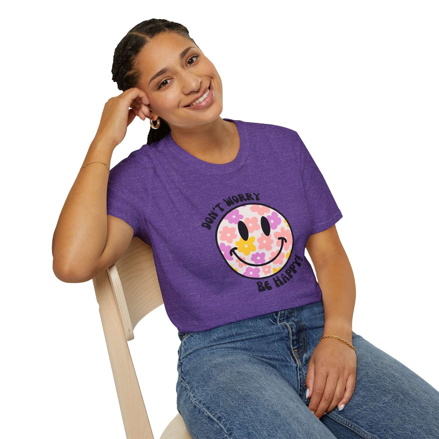 Don’t Worry, Be Happy! Floral Daisy Smiley Face Unisex Softstyle T-Shirt