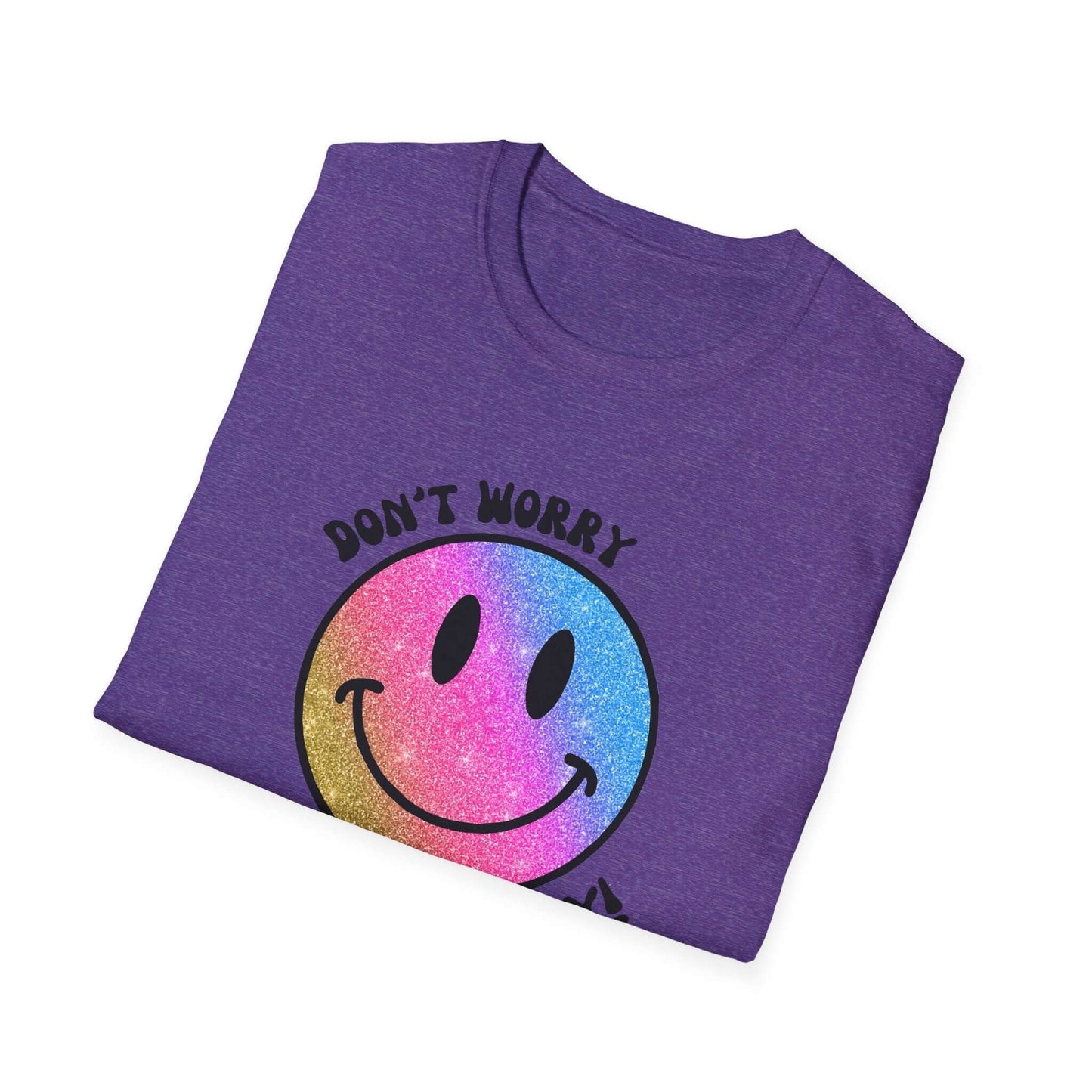 Don’t Worry, Be Happy! Rainbow Glitter Smiley Face Unisex Softstyle T-Shirt