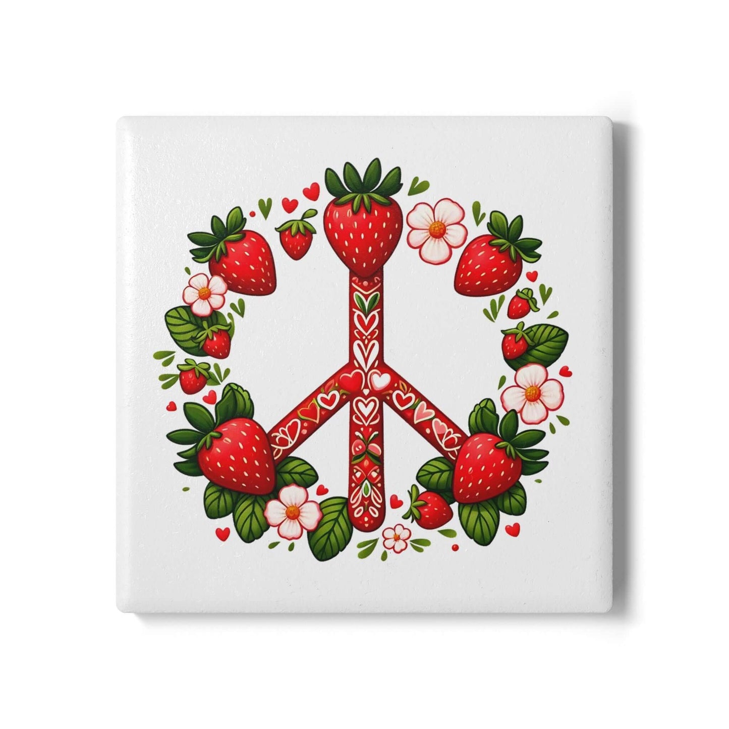 Peace Love Strawberries Ceramic Coaster | Round & Square Options