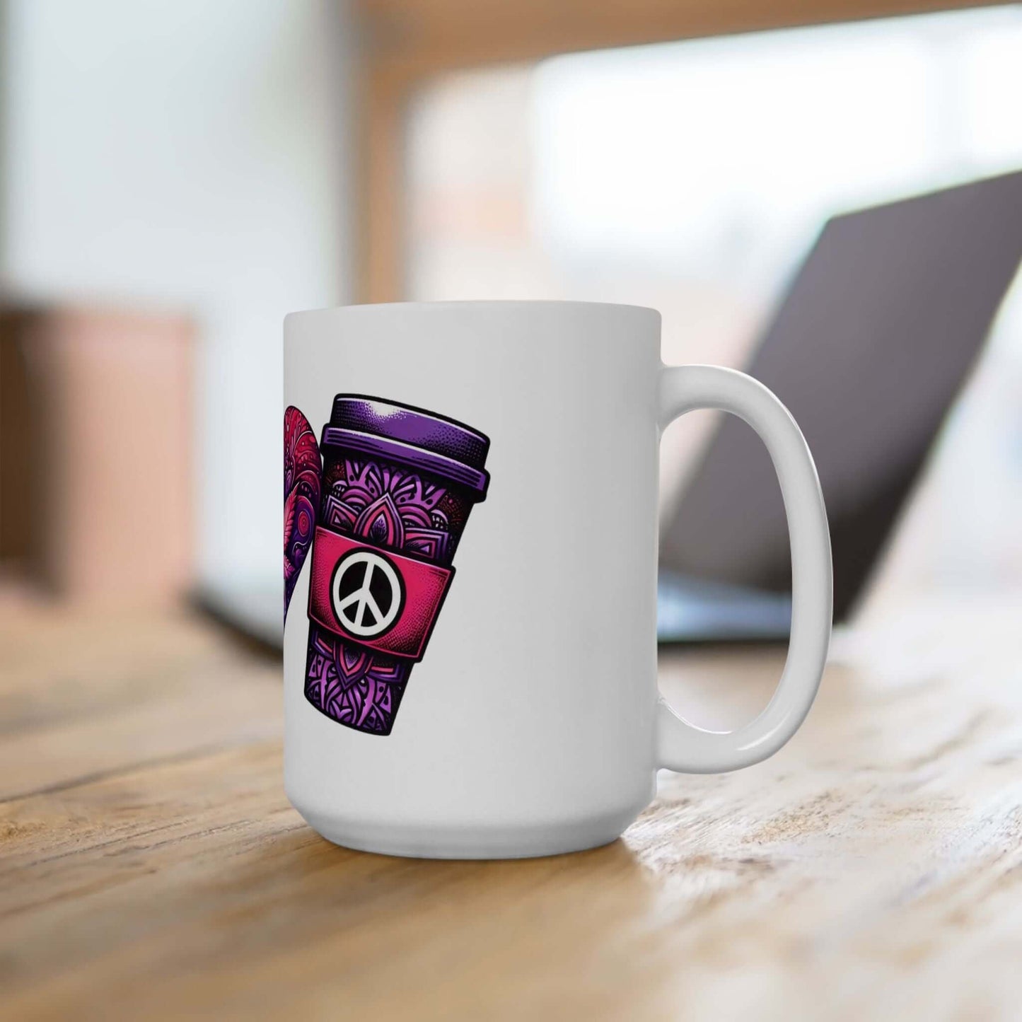 Peace, Love, and Coffee Ceramic Mug, (11oz, 15oz) | Boho-Inspired Ceramic Mug