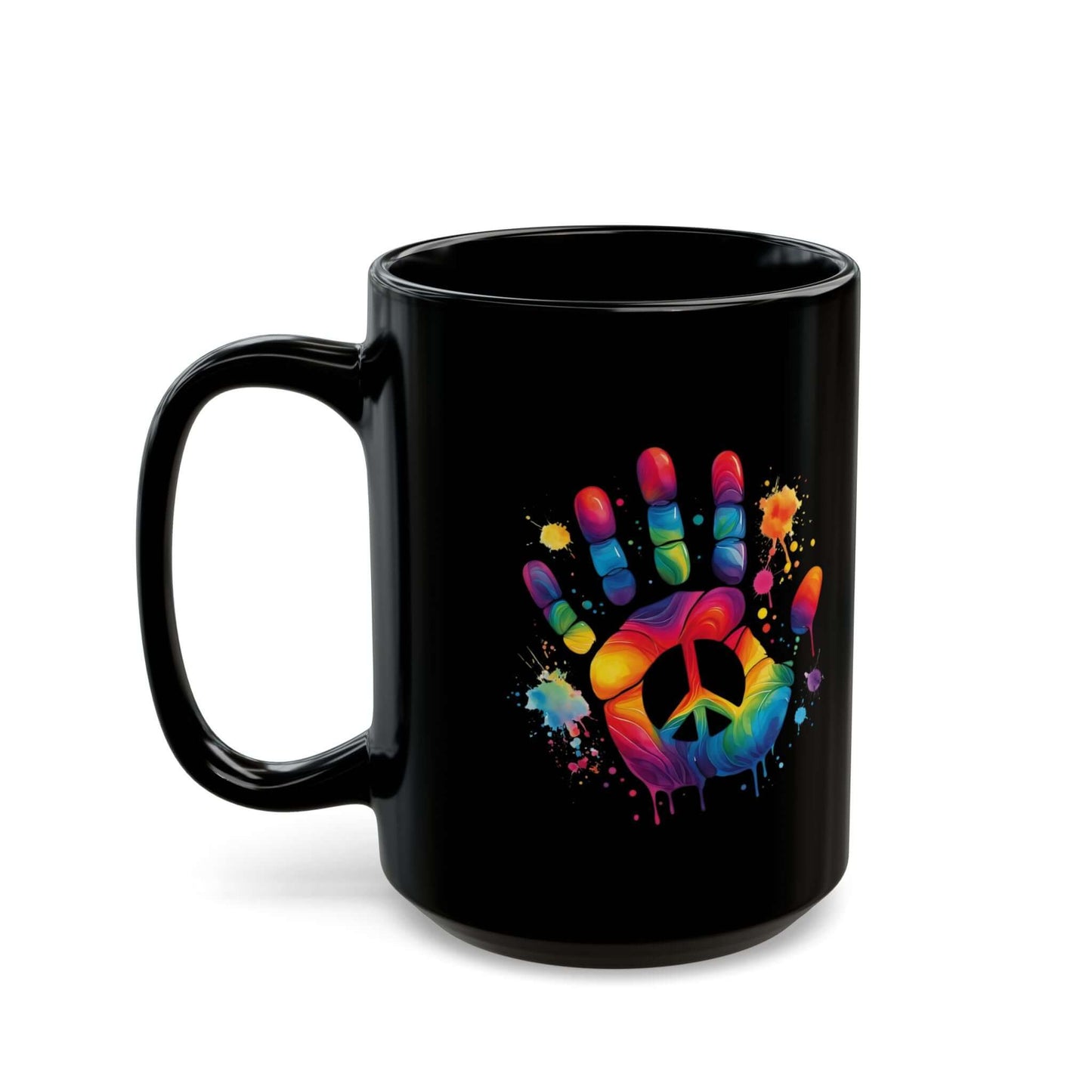 Vibrant Peace Hand Black Ceramic Mug (11oz, 15oz) | Vibrant Peace Hand Coffee Cup
