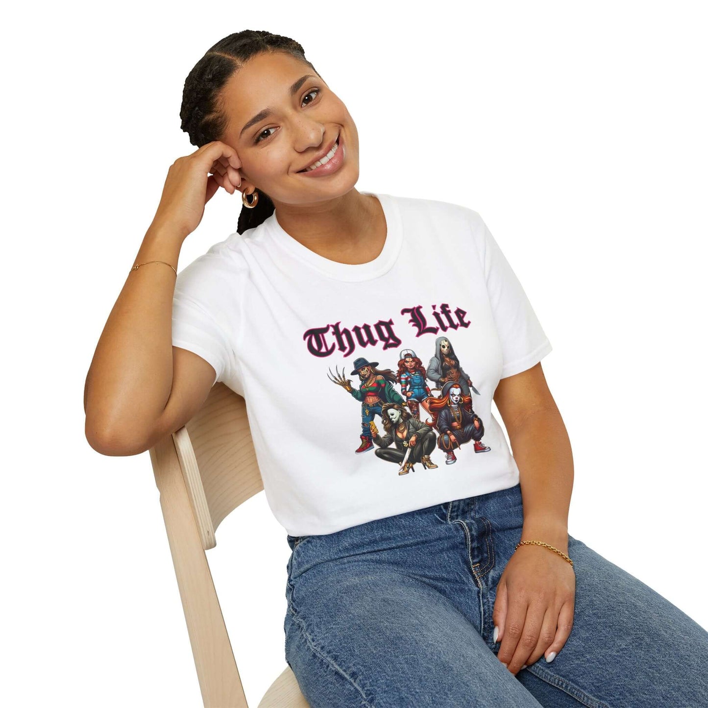 Lady Thug Life Black Font with Pink Outline Horror Character Unisex Softstyle T-Shirt