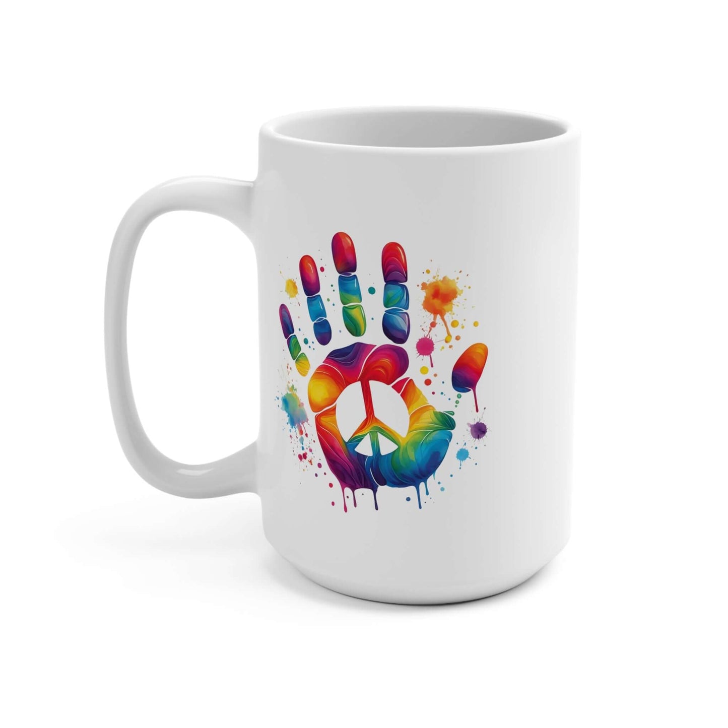 Colorful Peace Handprint 15oz White Ceramic Mug | Vibrant Coffee Cup