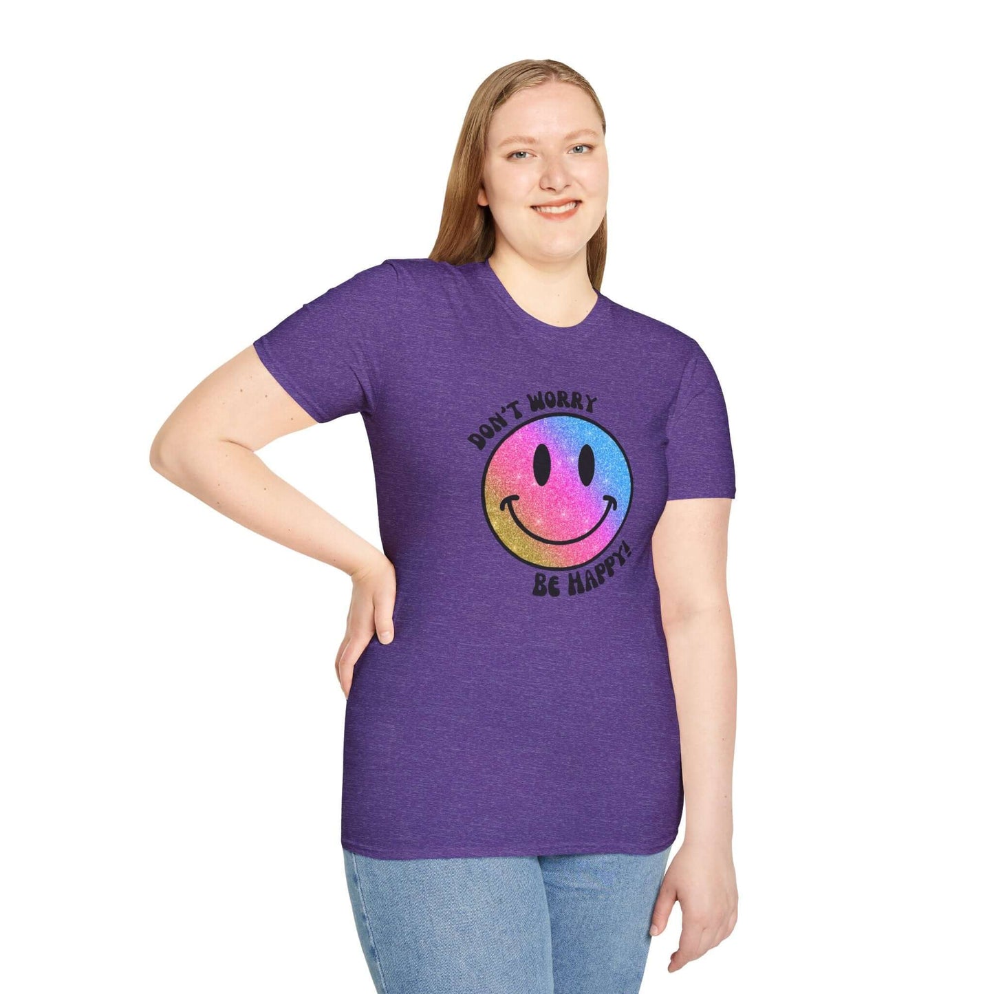 Don’t Worry, Be Happy! Rainbow Glitter Smiley Face Unisex Softstyle T-Shirt