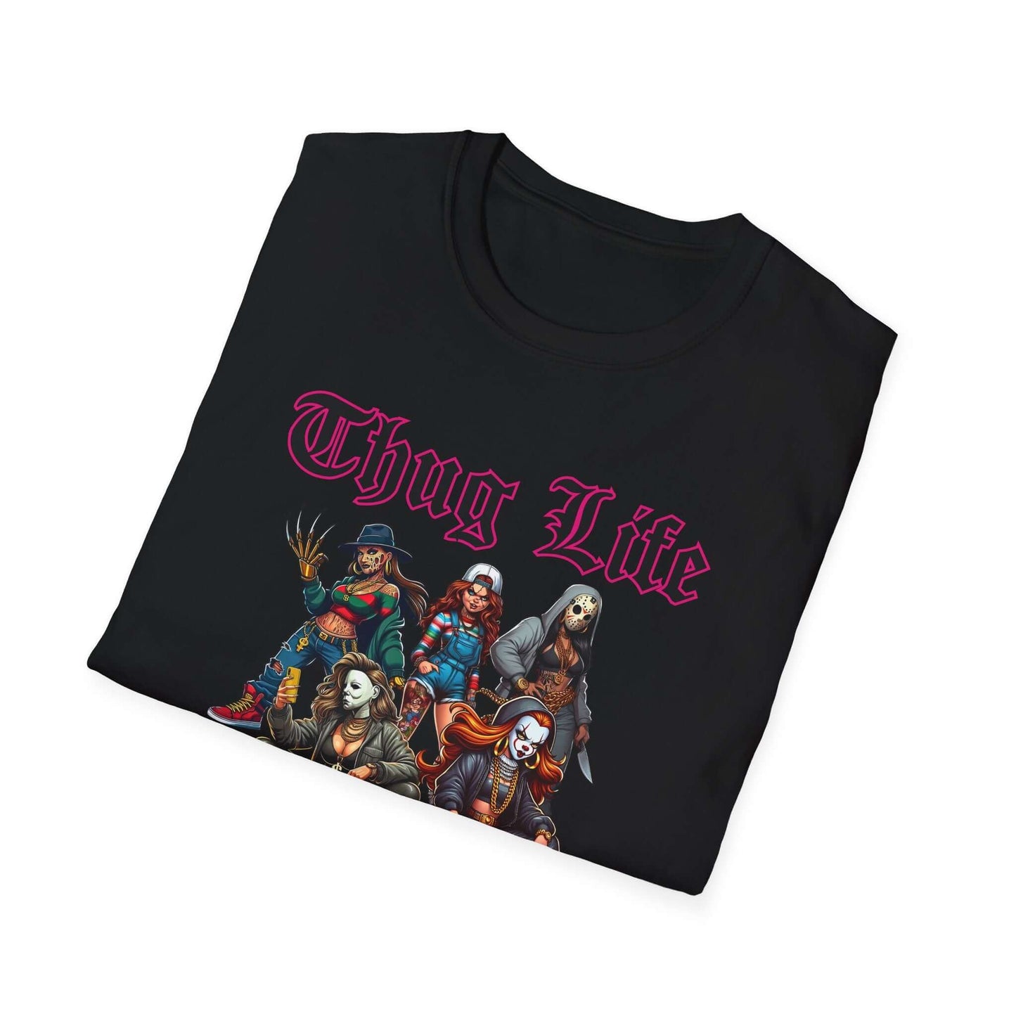 Lady Thug Life Black Font with Pink Outline Horror Character Unisex Softstyle T-Shirt